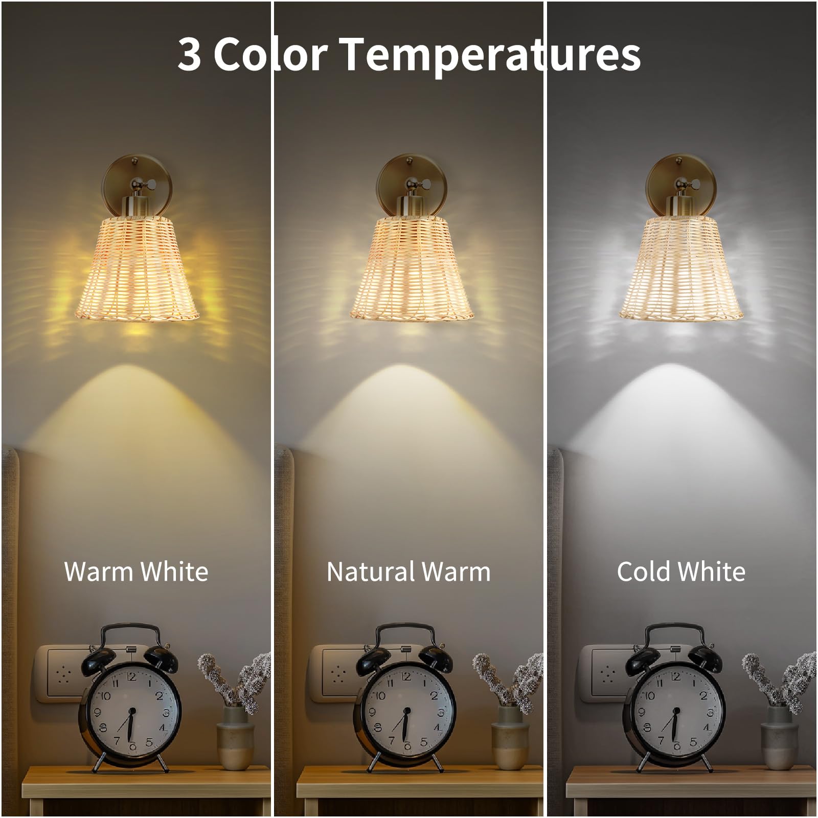 Rattan Rechargeable Battery Operated Wall Sconces Set of Two with Remote, 3 Colors Dimmable Wireless Wall Light, 5200mAh Indoor Wall Lamp with 4 Timer, Boho Sconces Wall Lighting for Bedroo