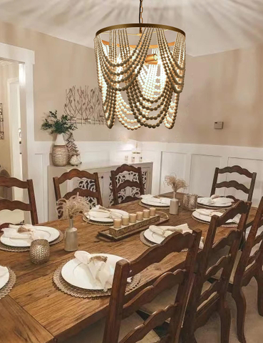 Bohemia Wood Beaded Chandelier Boho Chandelier Gold and Oak Finish Beaded Light Fixture for Dining Living Room,Bedroom, Nursery Room, Girl Room, Hallway, Entryway, Passway, 5-Light 