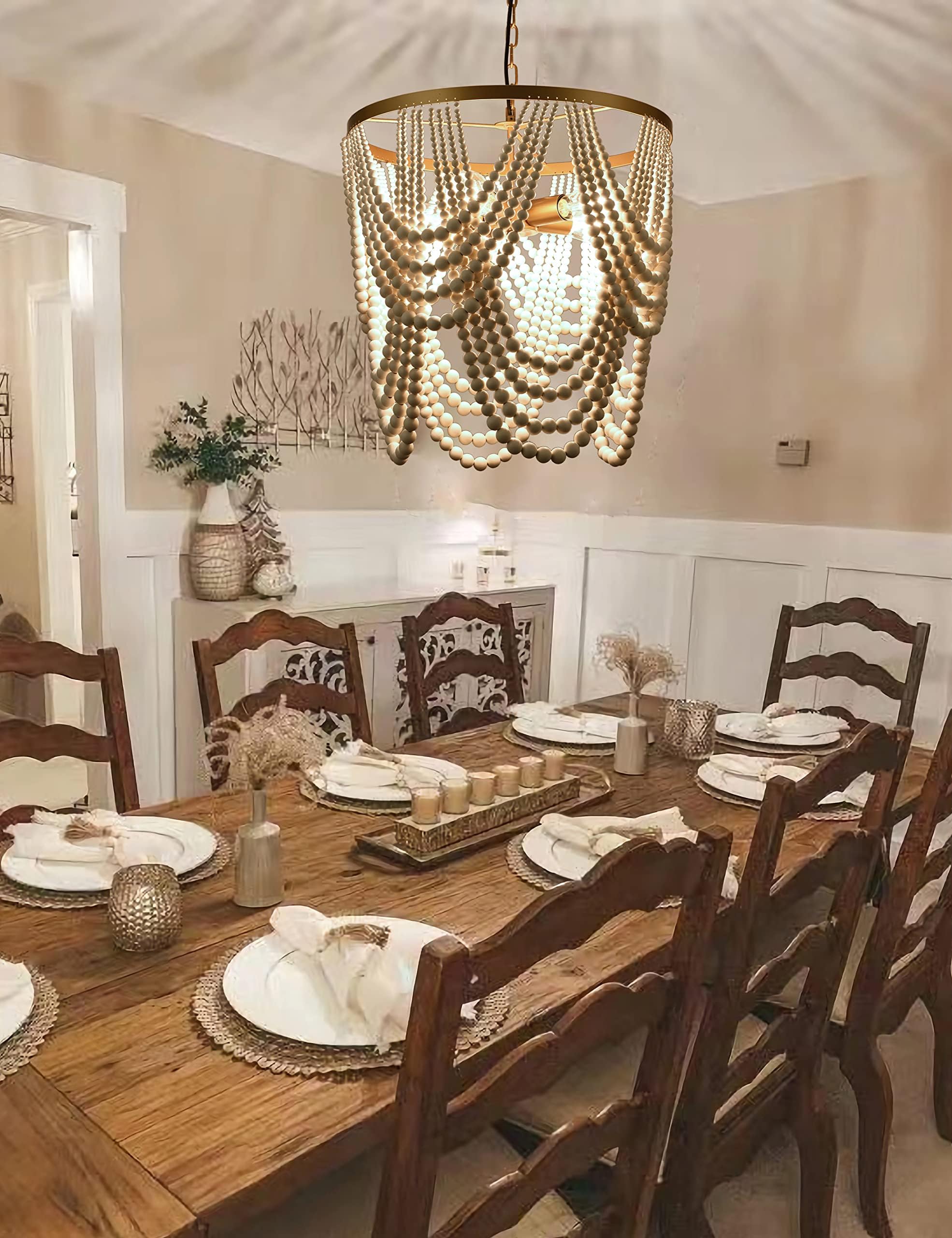 Bohemia Wood Beaded Chandelier Boho Chandelier Gold and Oak Finish Beaded Light Fixture for Dining Living Room,Bedroom, Nursery Room, Girl Room, Hallway, Entryway, Passway, 5-Light 