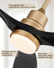 Modern Black and Gold Ceiling Fan with Lights and Remote, ETL Listed, 3 Downrods, 3 Blade Gold Black Ceiling Fans, Reversible Quiet DC Motor, 3 Timer for Outdoor Patio Waterproof Bedroom 