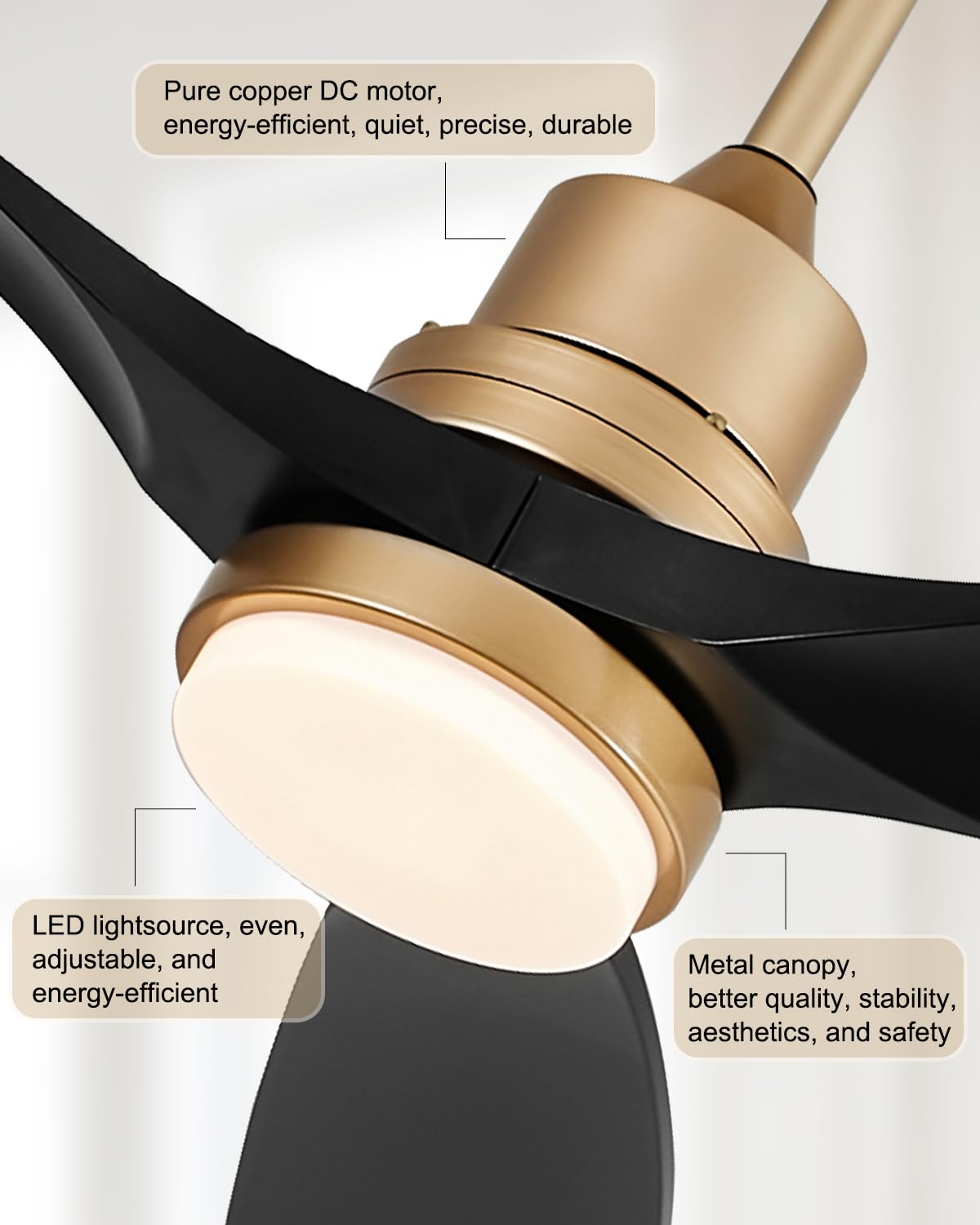Modern Black and Gold Ceiling Fan with Lights and Remote, ETL Listed, 3 Downrods, 3 Blade Gold Black Ceiling Fans, Reversible Quiet DC Motor, 3 Timer for Outdoor Patio Waterproof Bedroom 
