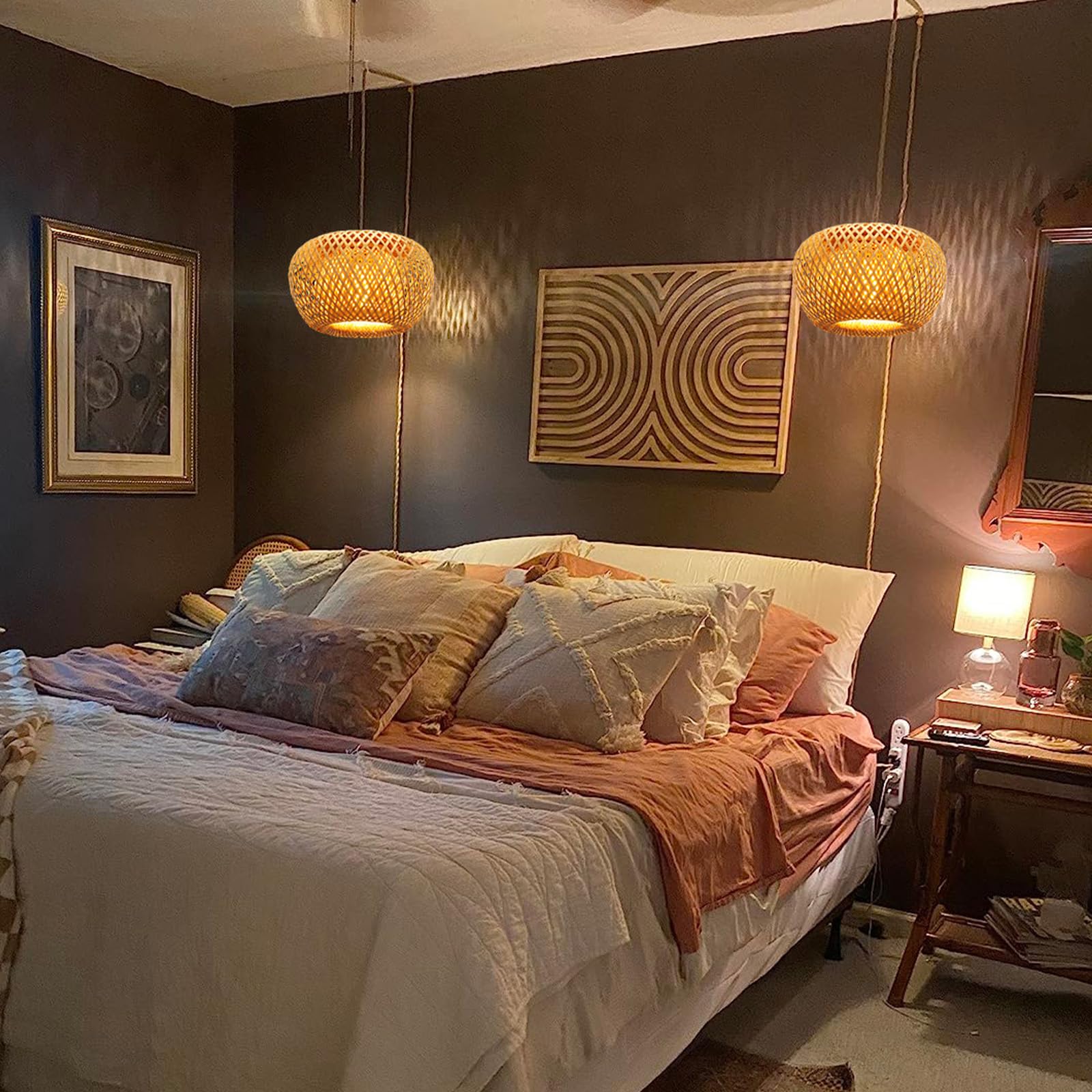 Plug in Pendant Light Fixture with Hand Woven Bamboo Lamp Shade Dimmer Switch Hanging Lights with Plug in Cord Boho Wicker Rattan Hanging Lamp for Living Dinning Room Bedroom Kitchen Island 