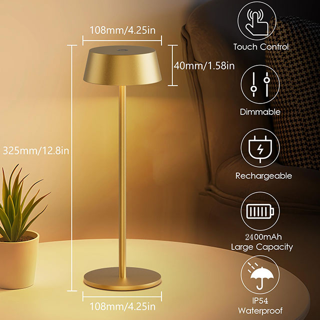 Table Lamps,Battery Operated Table Lamp Cordless Outdoor Touch LED Table Lamp for Restaurant/Living Room/Bedroom 3000K-6000K IP44 Waterproof Battery Capacity 1200mA*2