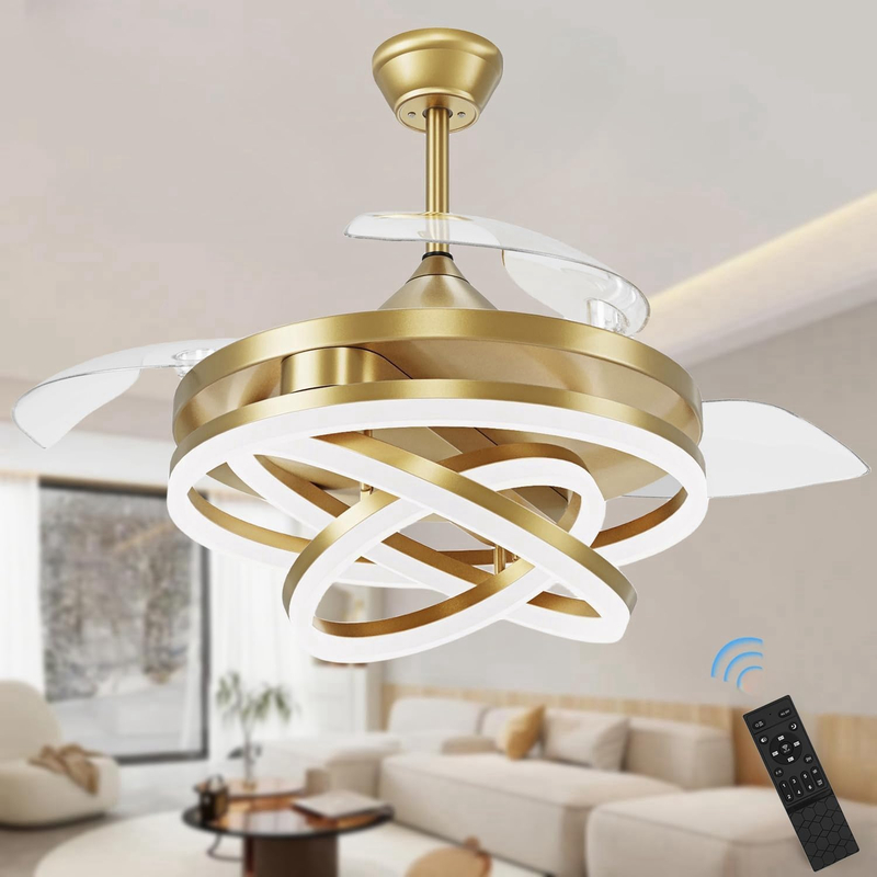 Retractable Ceiling Fan, 42 Inch Chandelier Ceiling Fan with Light, Modern Fandelier Ceiling Fan for Bedroom Living Room Dinning Room, Reverse Motor, 3 Color, 6 Wind Speed