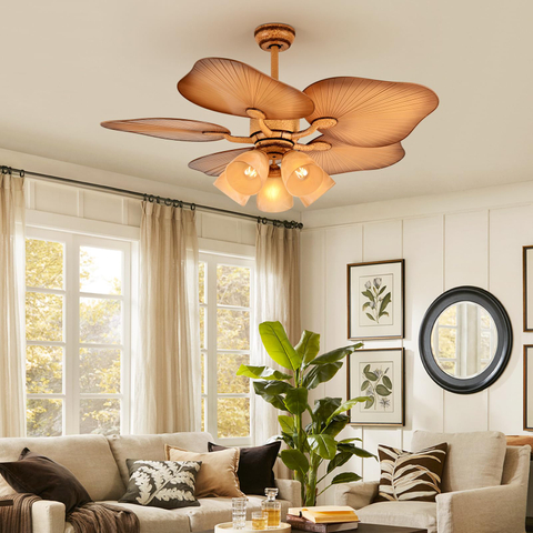 52'' Outdoor Ceiling Fan with Lights for Patios and Remote - Tropical Banana Leaf, Quiet Copper Motor, E27 Lighting Fixture, 6 Speeds 