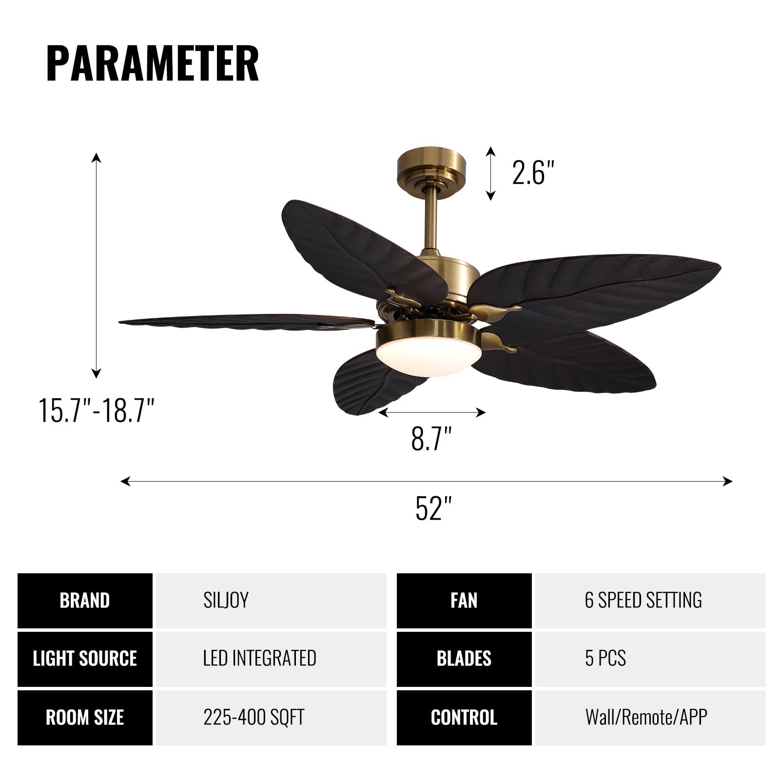  52" Tropical Ceiling Fans with Lights, Indoor Outdoor Black Ceiling Fan with Remote/APP Control, Flush Mount 5 Palm Leaf Ceiling Fan Light for Bedroom Dining Room Living Room Patios, 6 Speeds Visit t