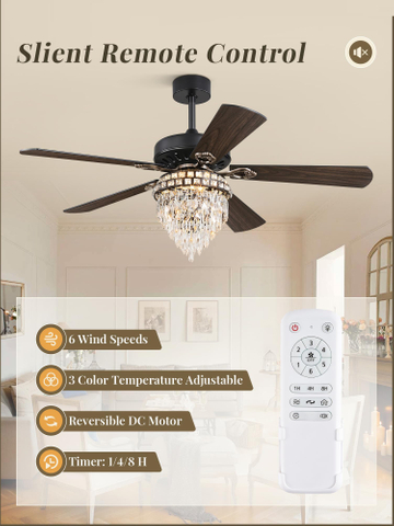 52 Inch Farmhouse Fandelier Ceiling Fan with Light, Crystal Ceiling Fan Chandelier with 6 Speeds, Quiet Reversible Noiseless DC Motor, 3CCT, Indoor Ceiling Fan for Living Room Bedroom 