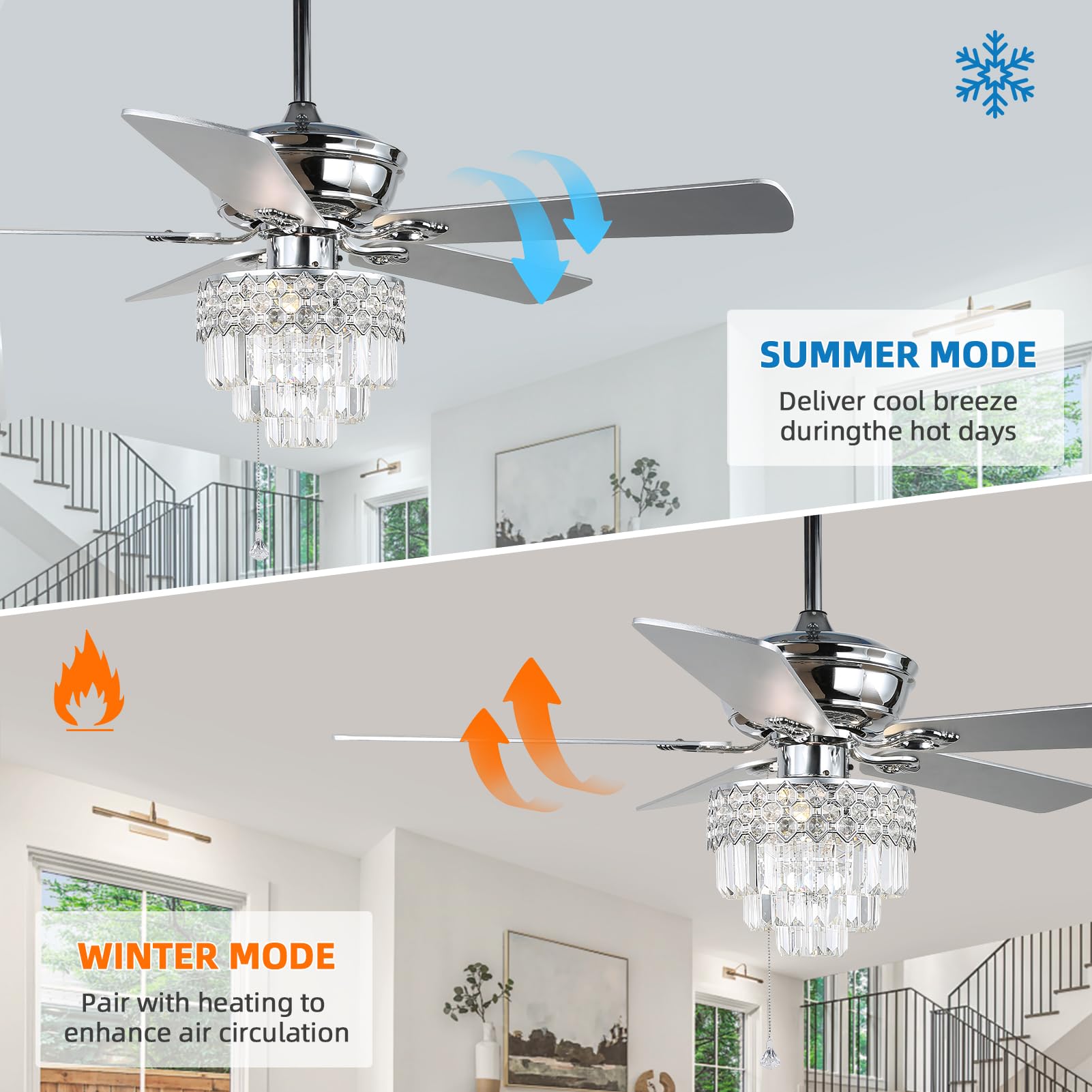 52″ Crystal Ceiling Fan with Lights and Remote Control, Modern Chandelier Fan with Dual Finish Reversible Blades, Quiet Indoor Fanderlier for Living Room, Dining Room, Bedroom