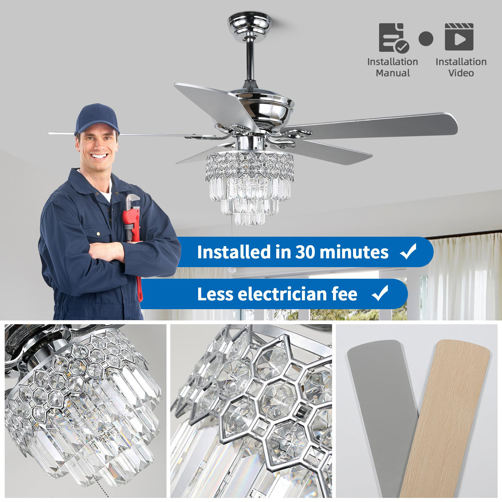 52″ Crystal Ceiling Fan with Lights and Remote Control, Modern Chandelier Fan with Dual Finish Reversible Blades, Quiet Indoor Fanderlier for Living Room, Dining Room, Bedroom