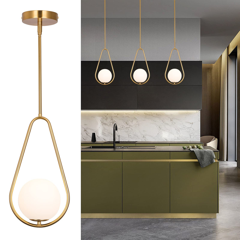Gold Pendant Lighting Brass Finished Modern Style Kitchen Island Lighting,One Light Glass Globe Pendant Light for Indoor Hanging Light Fixture,Adjustable Length Lamp for Dinning Room Bedroom 