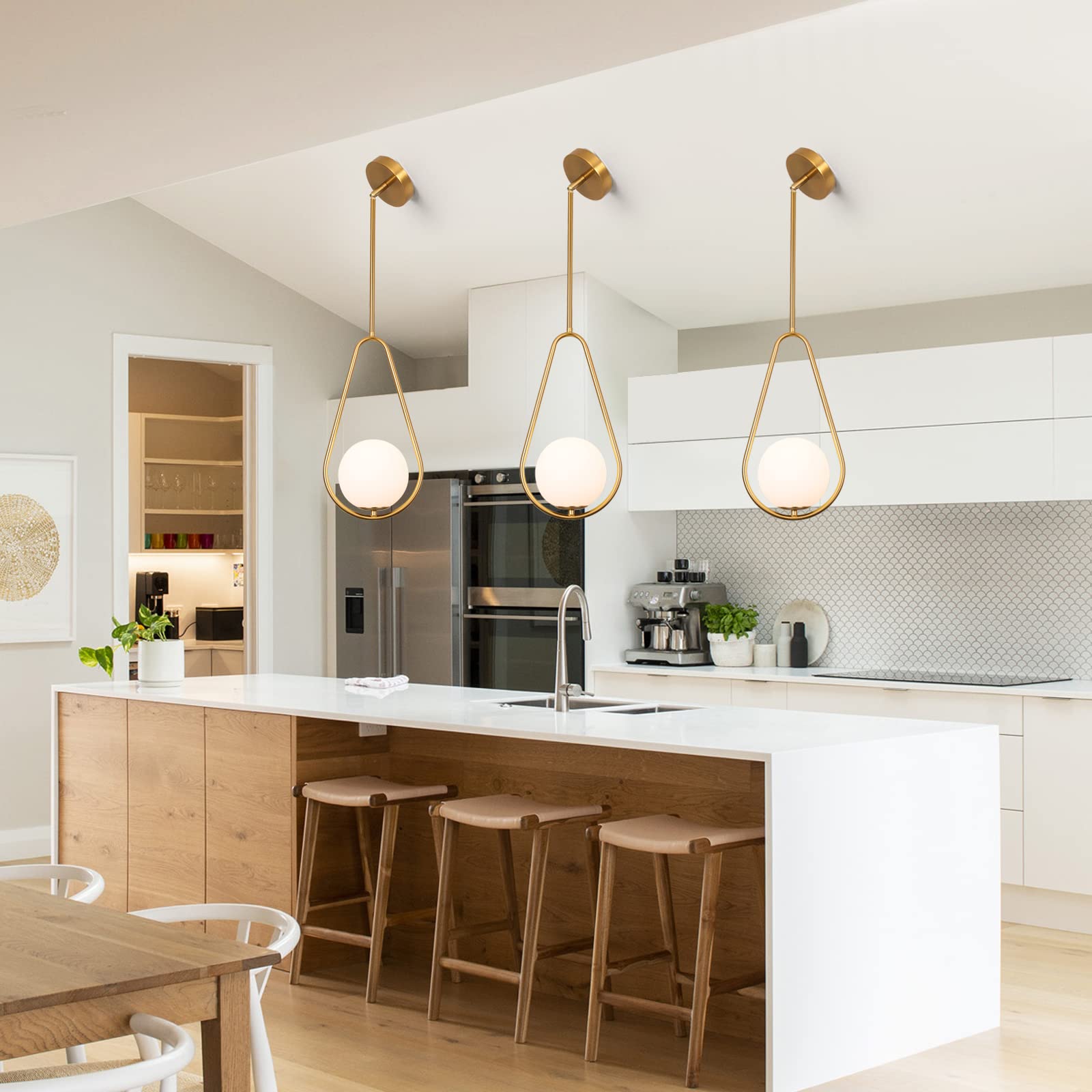 Gold Pendant Lighting Brass Finished Modern Style Kitchen Island Lighting,One Light Glass Globe Pendant Light for Indoor Hanging Light Fixture,Adjustable Length Lamp for Dinning Room Bedroom 