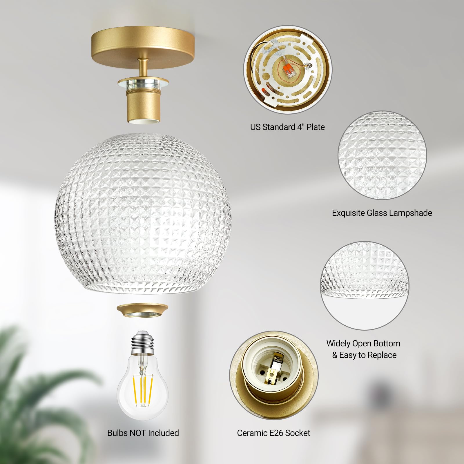 Semi Flush Mount Ceiling Light Fixture, Hallway Lighting Fixtures Ceiling, Vintage Close to Ceiling Light Fixture, Globe Glass Ceiling Lamp for Bathroom Entryway, E26 Base (No Bulbs) 