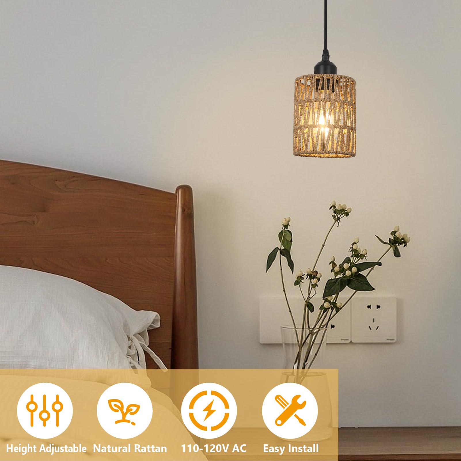 Rattan Pendant Lights Kitchen Island, Farmhouse Pendant Lighting with Hand Woven Wicker Shade, Boho Chandelier Light Fixtures Ceiling Hanging for Dining Room Bedroom Foyer Hallway 