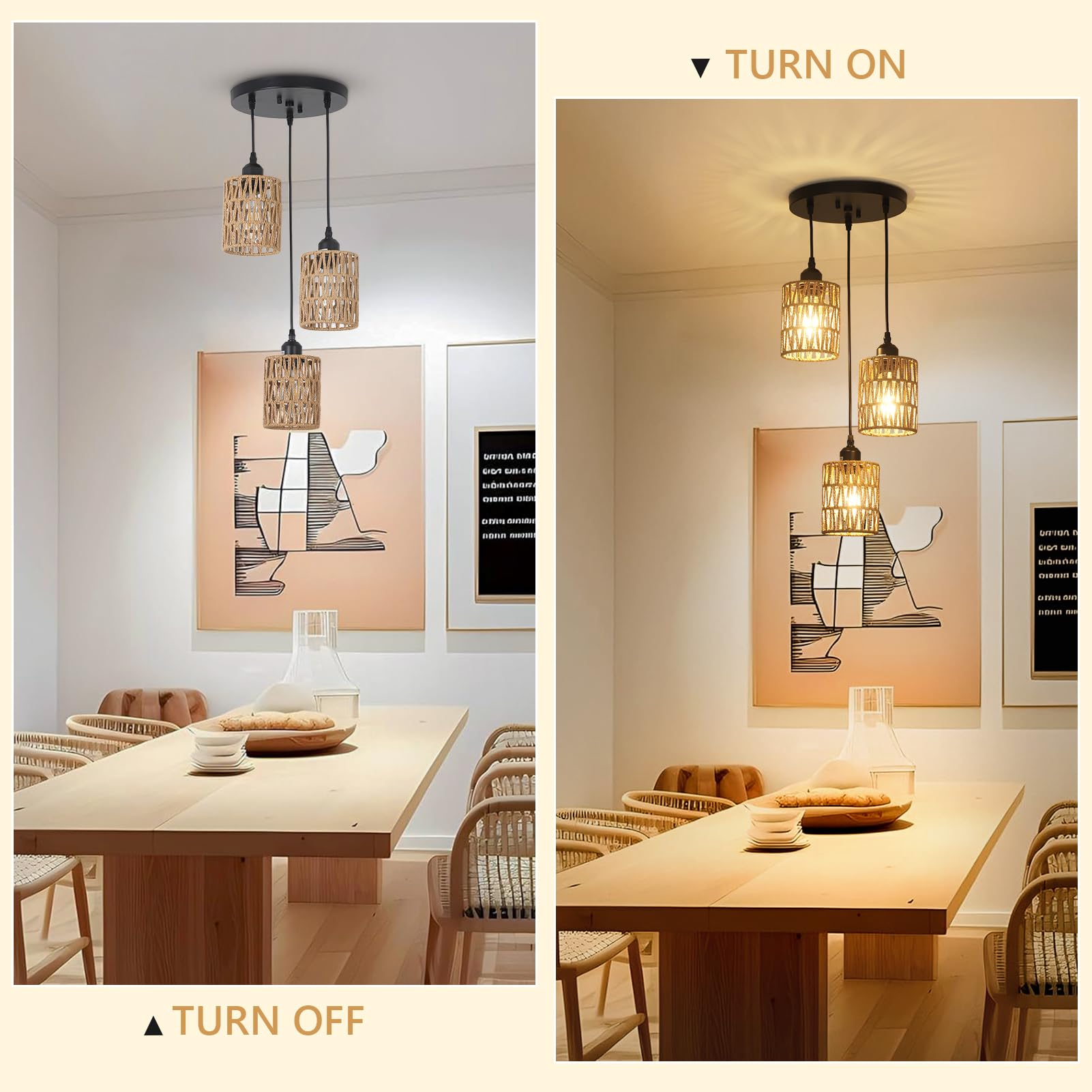 3 Lights Rattan Pendant Light, Farmhouse Dining Room Light Fixtures Ceiling Hanging, Boho Pendant Lighting with Hand Woven Wicker Shades for Kitchen Island Living Room Bedroom Foyer Hallway 