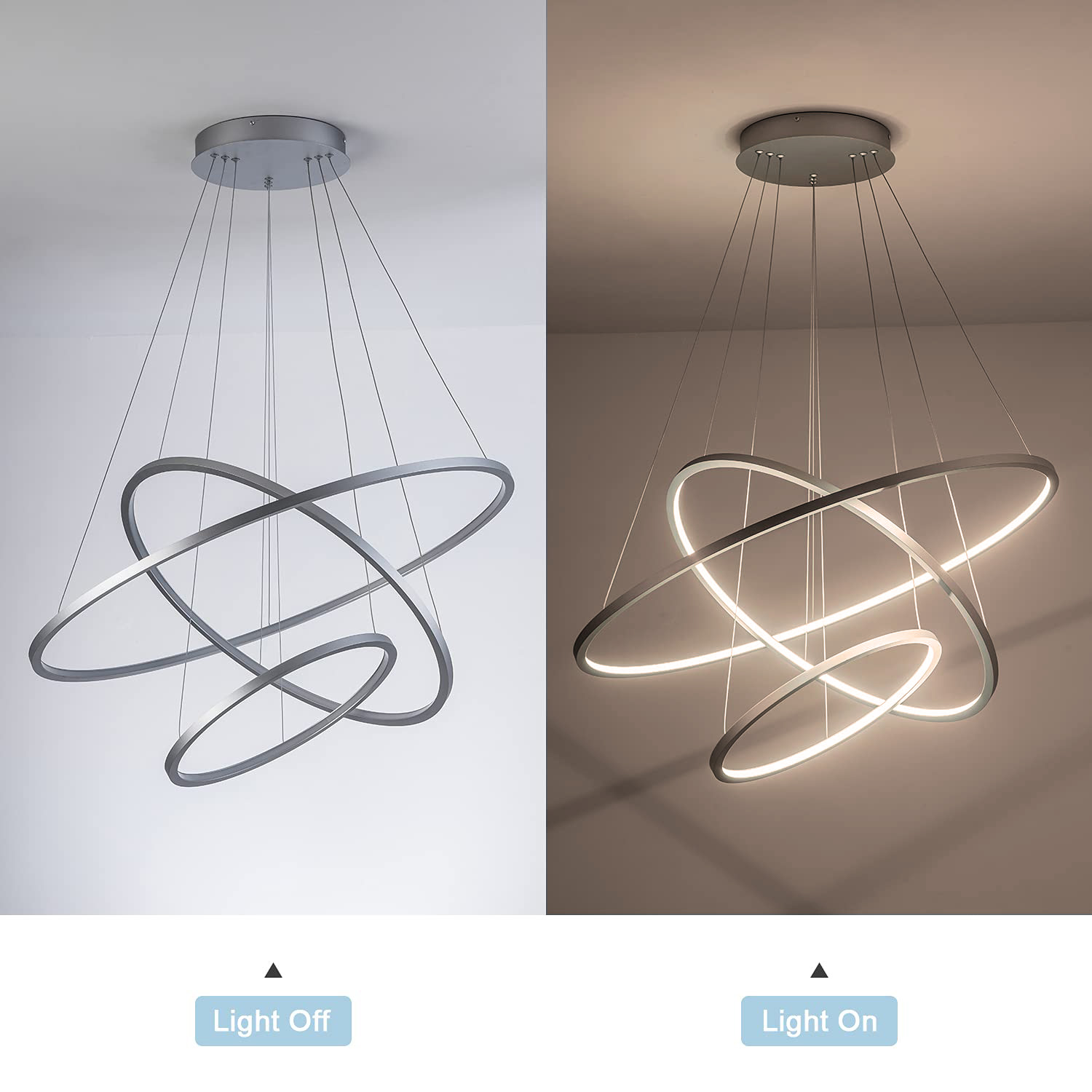 3-Rings Modern LED Chandelier Silver Pendant Lighting Circular Flush Mount High Ceiling Light for Living Dining Room Bedroom Foyer 4000K Ø80cm+Ø60cm+Ø40cm