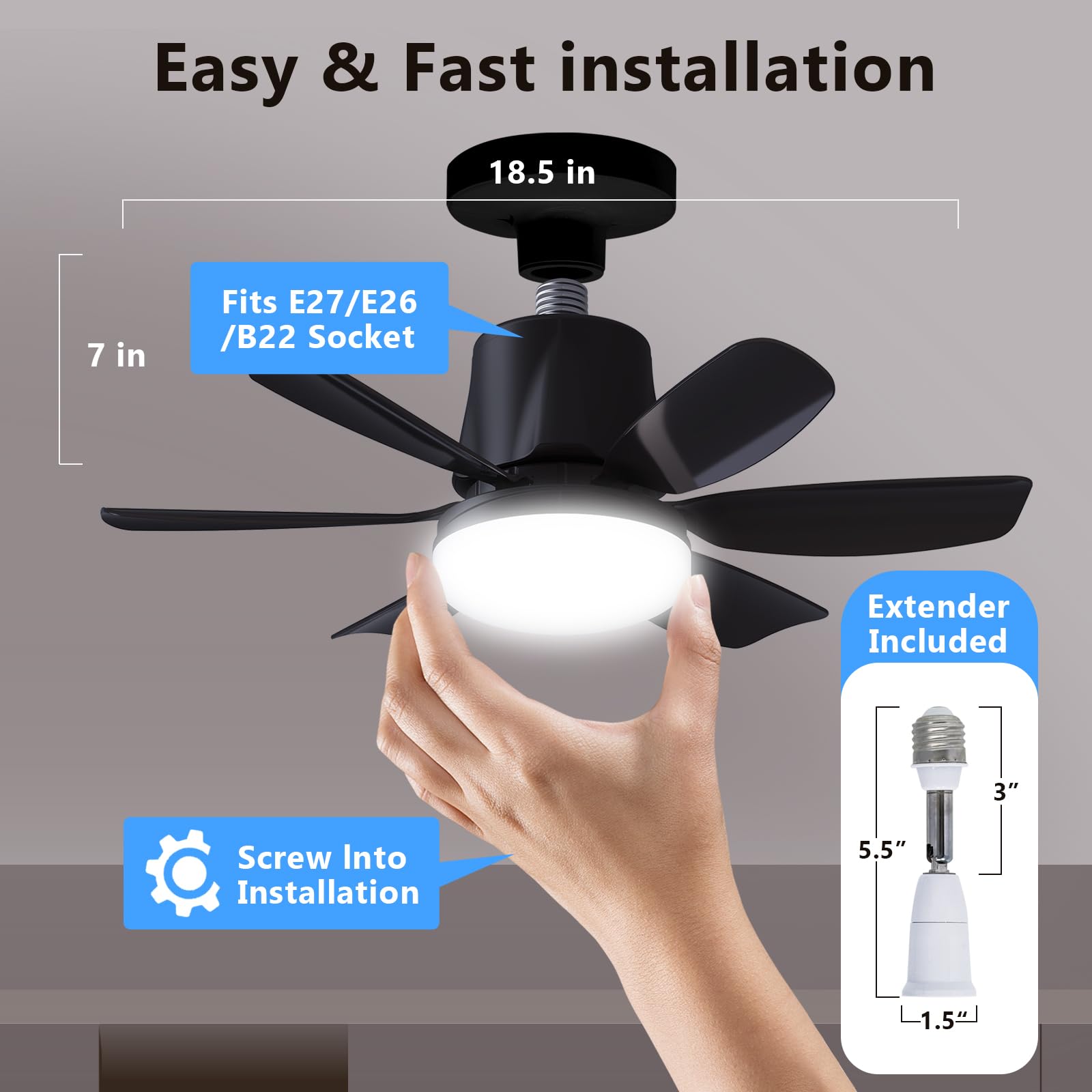 2 In 1 Socket Fan Light and 360° Light Socket Extender, 18.5'' Socket Ceiling Fans with Remote, 3 Colors LED Light Bulb, Screw in Small Ceiling Fan for Bedroom Living Room Kitchen Garage
