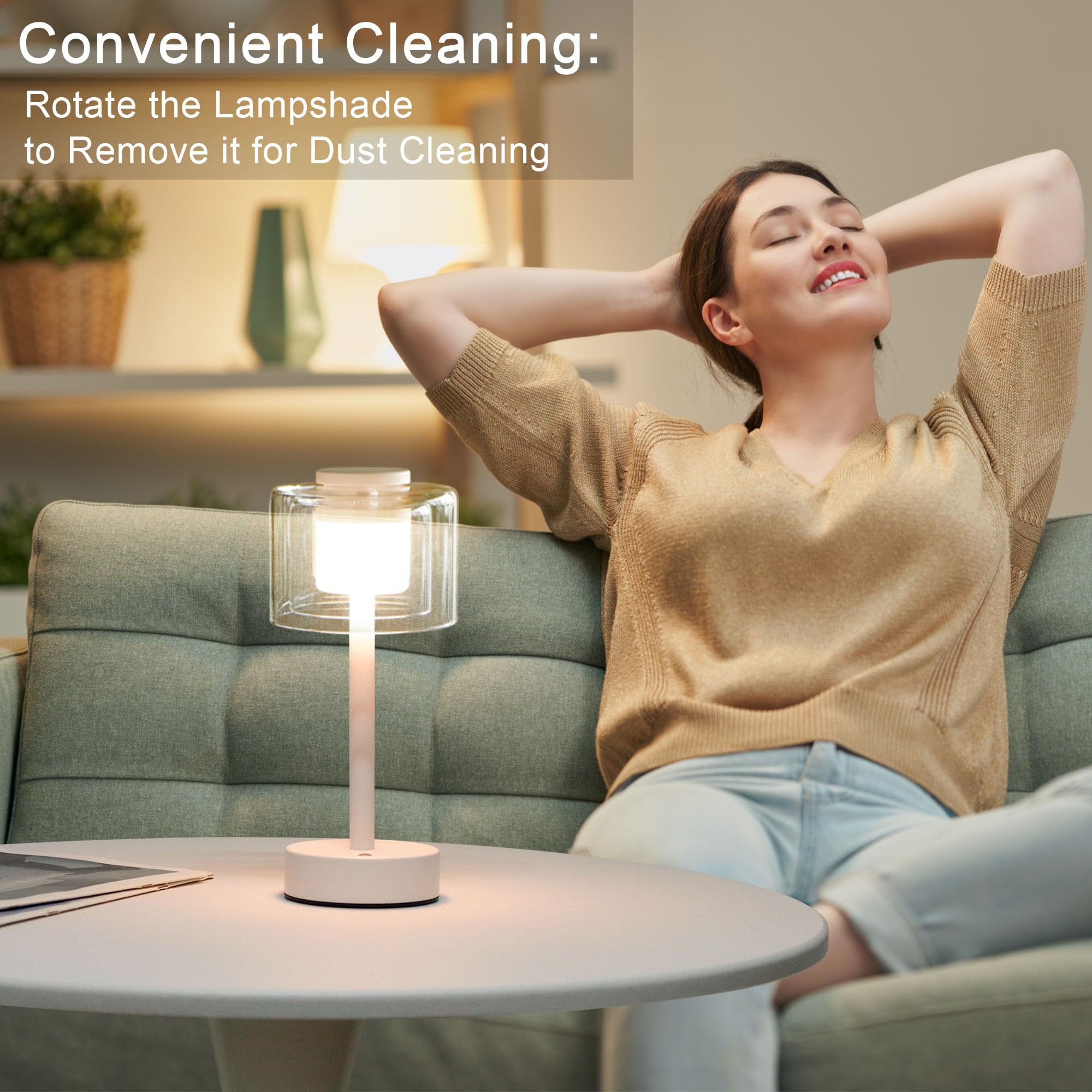Industrial Touch Control Table Lamp 11"H 3-Way Dimmable Bedside Lamp Rechargeable Nightstand Lamp with Glass Shade for Bedroom Living Room Dining Room Patio Outdoors