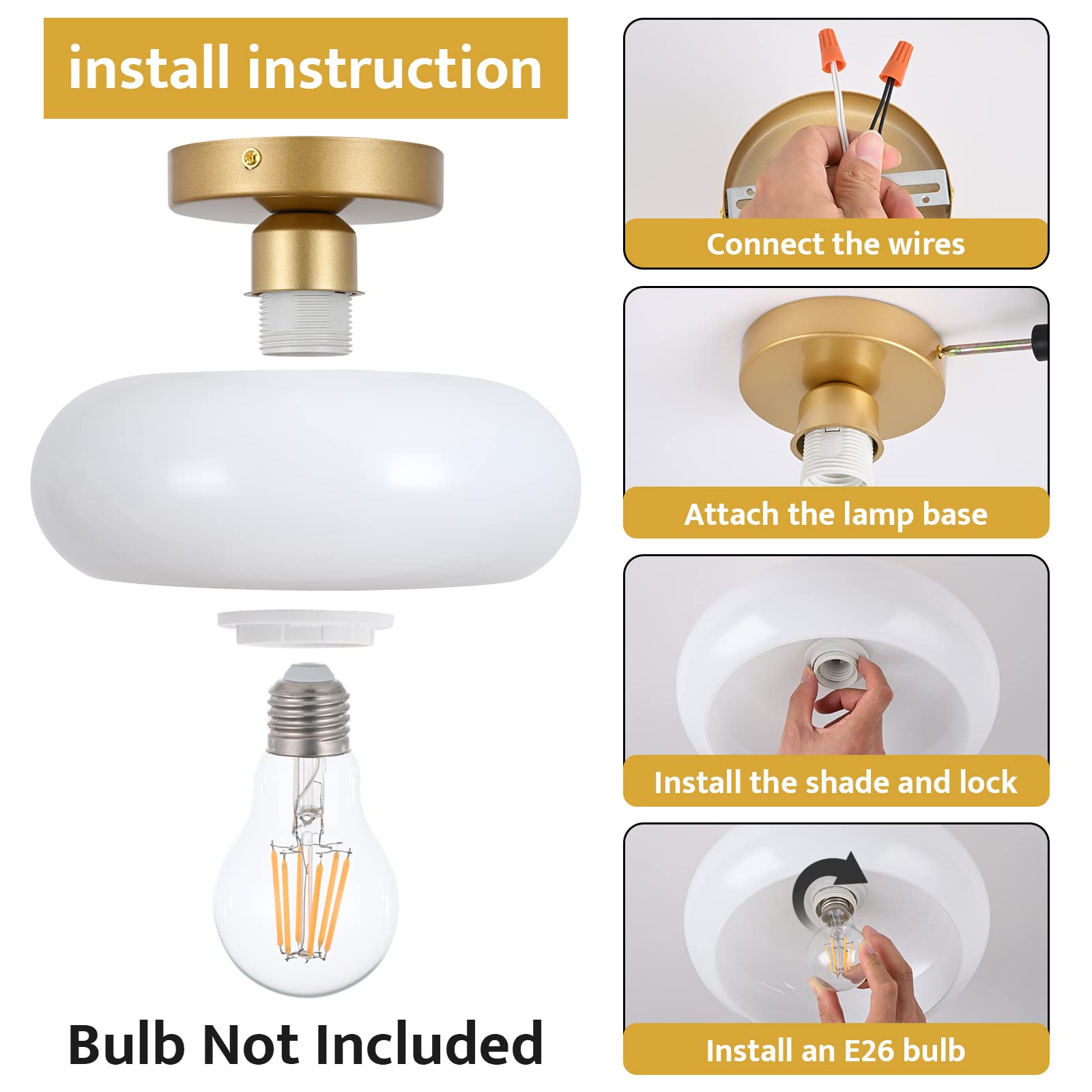  Mid-Century Modern Gold Semi Flush Mount Ceiling Light, Kitchen Ceiling Light Fixture with Glass Shade, Vintage White Close to Ceiling Lamp for Entryway Hallway Bathroom 