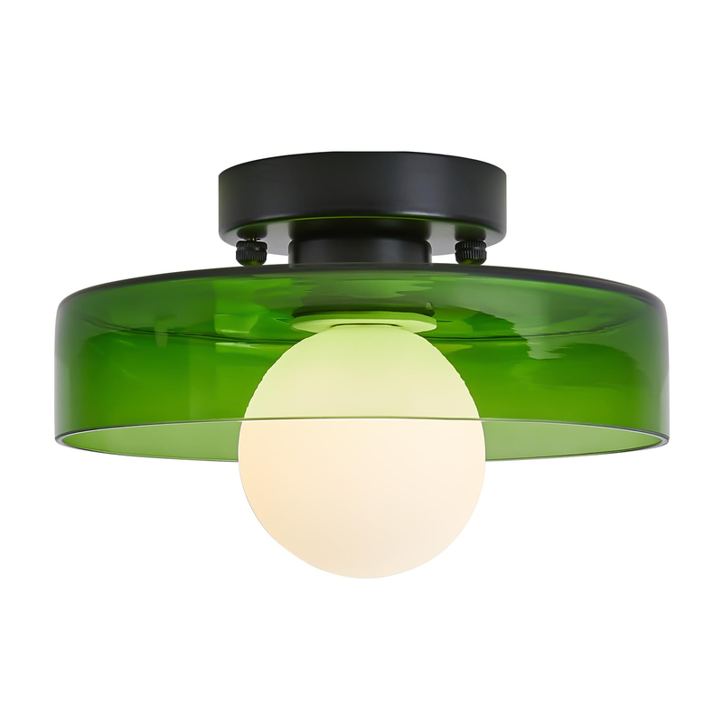 Mid Century Glass Semi Flush Mount Ceiling Light with Milk Globe Nordic Modern Green Hallway Lighting Fixtures Round Bedside Wall Mount Lamp for Bedroom Cloakroom Stairway 
