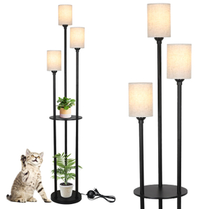 Floor Lamp with Shelves, Modern Floor Lamps for Living Room, 3-Lights Standing Lamp with Linen Shade and Foot Switch, Industrial Standing Lamps for Bedroom, Black Tall Table Lamp for Office 