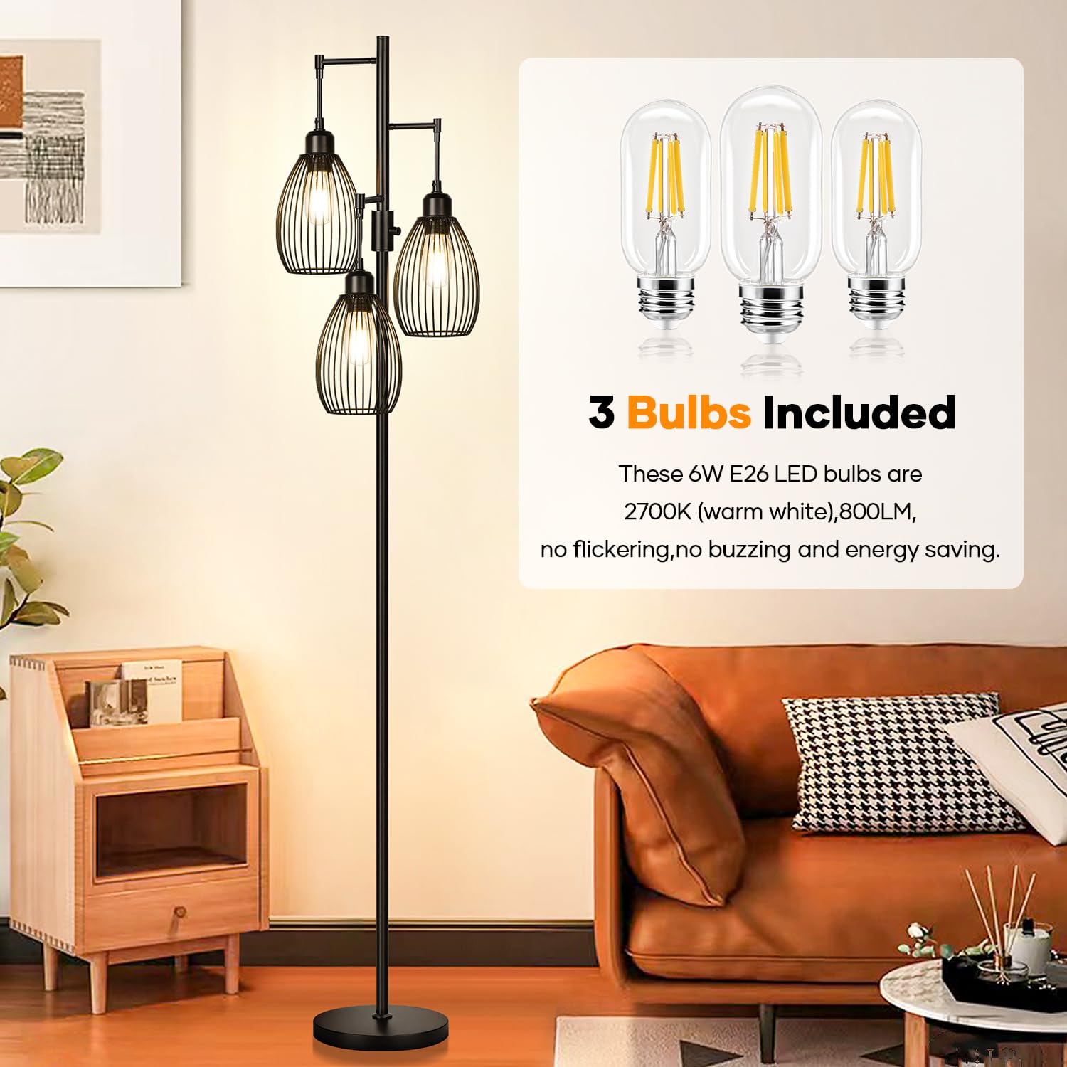 Dimmable Floor Lamp,Farmhouse Industrial Floor Lamp Standing Tree Lamp with Elegant Teardrop Cage Tall Lamps for Living Room Bedroom Office Dining Room 