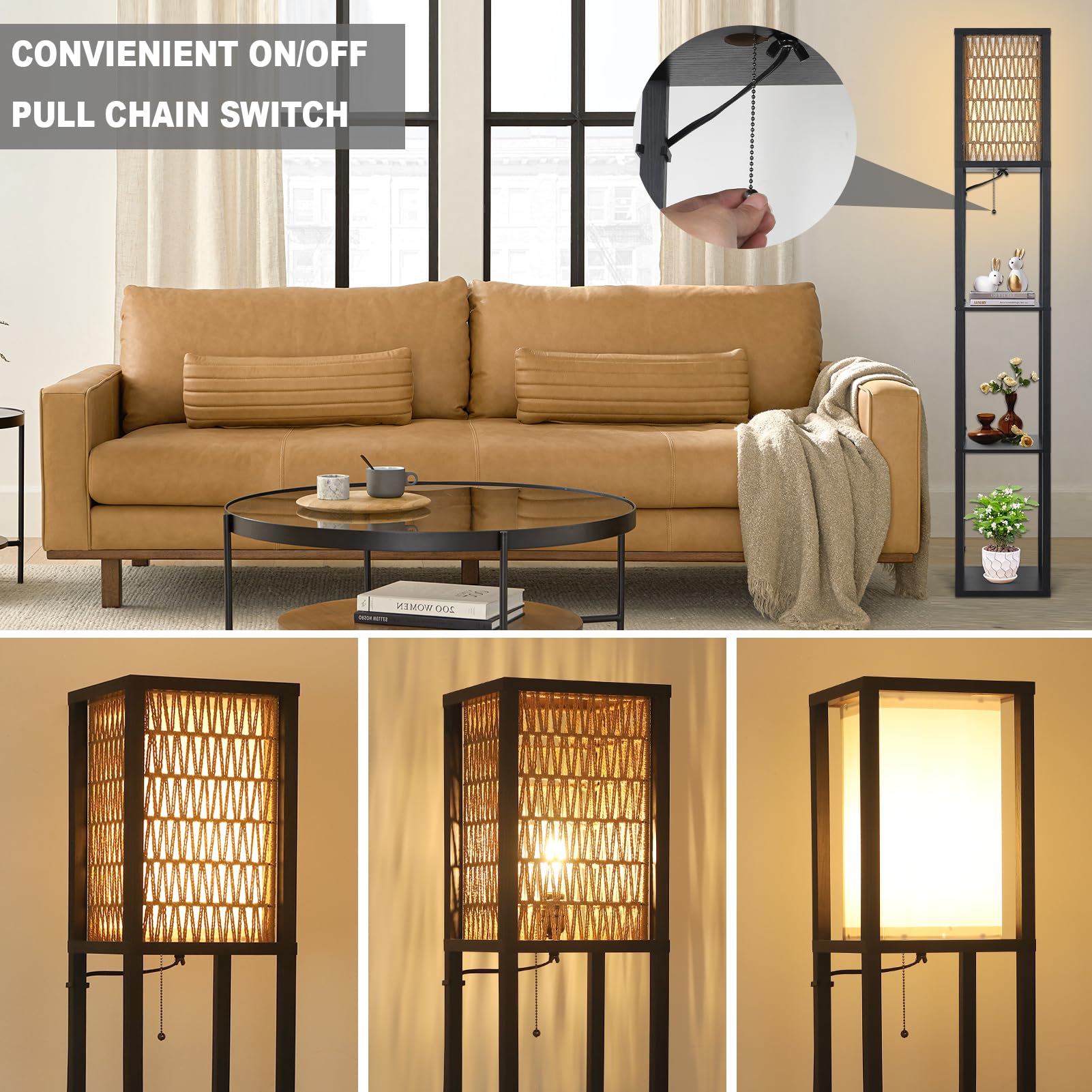 Floor Lamp with Shelves, Corner Floor Lamps for Living Room, Boho Floor Lamp with LED Bulb & Double Shades, Rattan Standing Lamp for Bedroom Office, Shelf Tall Lamp for Storage Display, Home Decor 