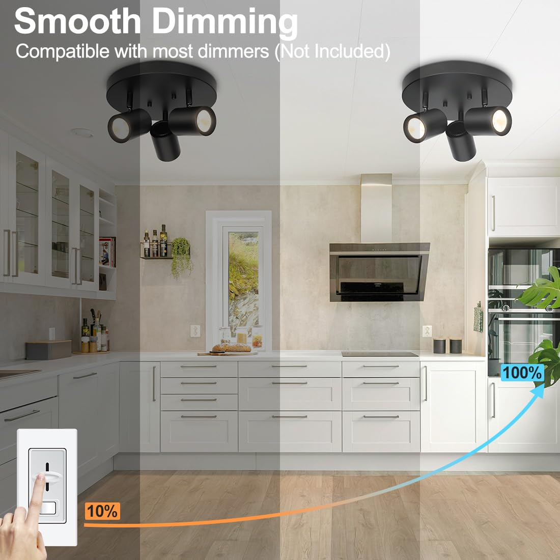 5CCT 3-Light Multi Directional LED Track Light, 3 Head Semi Flush Mount Ceiling Light, 2700/3000/3500/4000/5000K Selectable, 15W Dimmable Black LED Ceiling Spotlight for Kitchen, Hallway