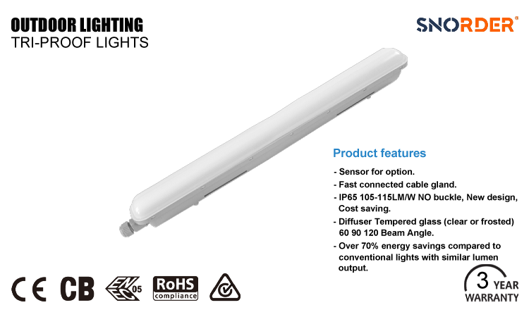 1. CE CB ROHS certification China-made LED modern three-proof lamp IP65 waterproof and dustproof IK08 explosion-proof beam angle 120 degrees 50W 5500lm gray three-proof lamp