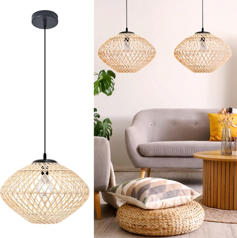 15.7” Large Rattan Chandelier for Dining Room - Boho Light Fixture Kitchen Island - Rattan Pendant Light for Bedroom - Coastal Pendant Light - Rattan Basket Light Fixture - Wicker Chandelier 