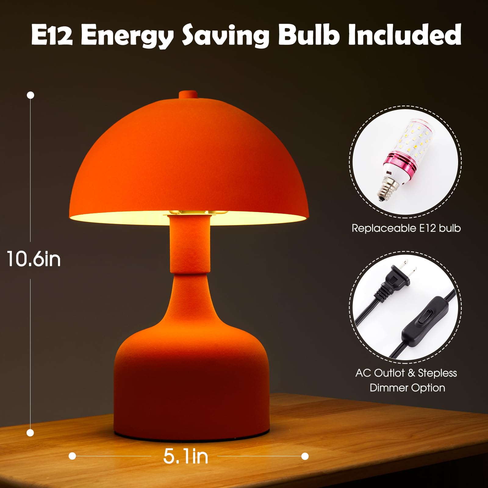 Mushroom Lamp Bedside Table Lamp,Flocking Table Lamp,Aesthetic Modern Lighting for Bedroom Retro Living Room Decor,Button Control Table Lamp for Birthday Christmas Gifts（Orange） ﻿ 