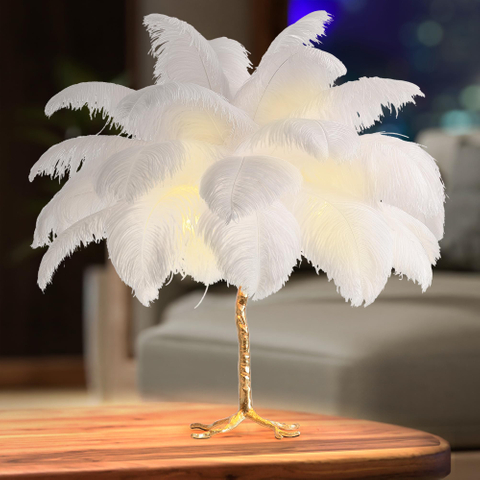 Real Ostrich Feather Table Lamp with Plug in Wire Modern Feather Lamp 3-Light Bedside Table Lamp for Living Room, Bedroom and Office 24” Tall Feather Desk Lamp