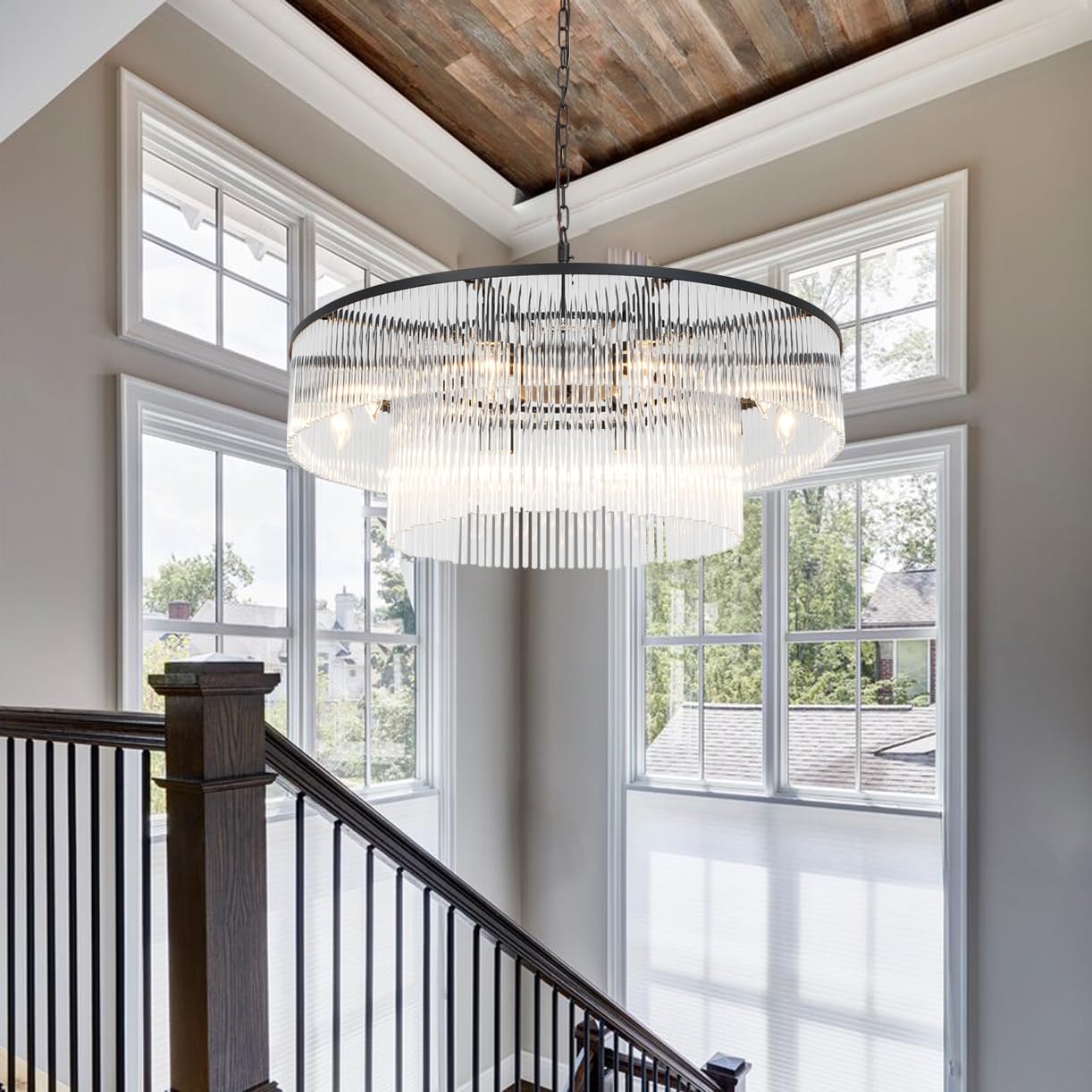  Modern Chandelier, Crystal Glass Chandelier Lighting, Round Dining Room Chandelier Contemporary Pendant Ceiling Light for Bedroom Foyer Entryway