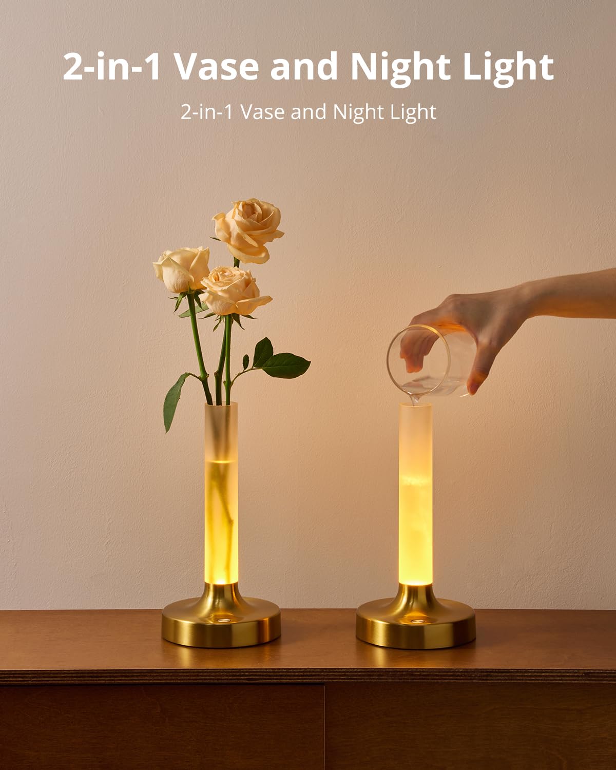 Gold Flower Lamp, Rechargeable Cordless Dining Table Lamp, 2 Color Stepless Dimming Touch Lamp, Battery Vase Lamp for Home/Dinner (Flower Not Included) 