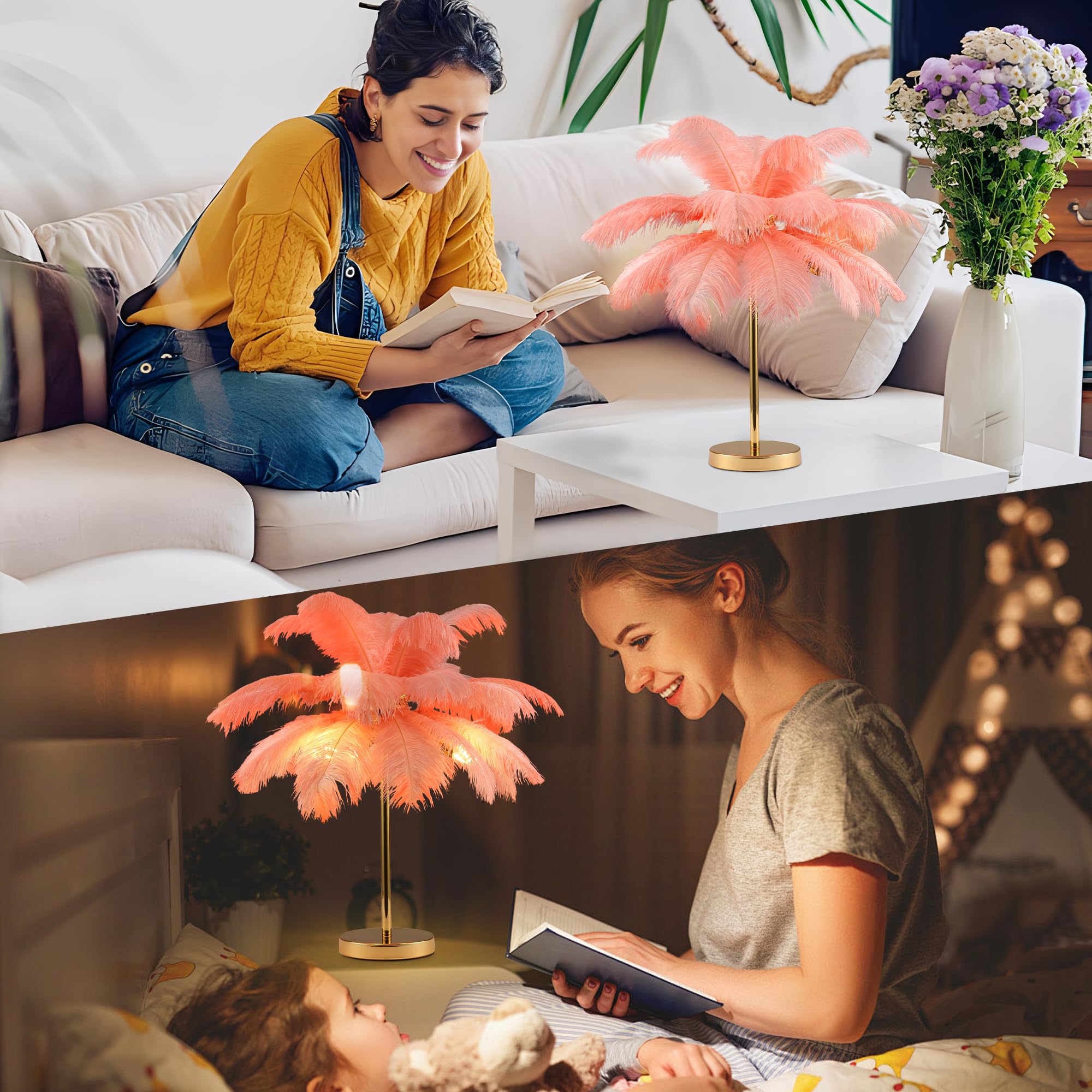  Ostrich Feather Table Lamp with Plug in Wire Modern Feather Lamp 3-Light Bedside Table Lamp for Living Room, Bedroom and Office 24” Tall Feather Desk Lamp