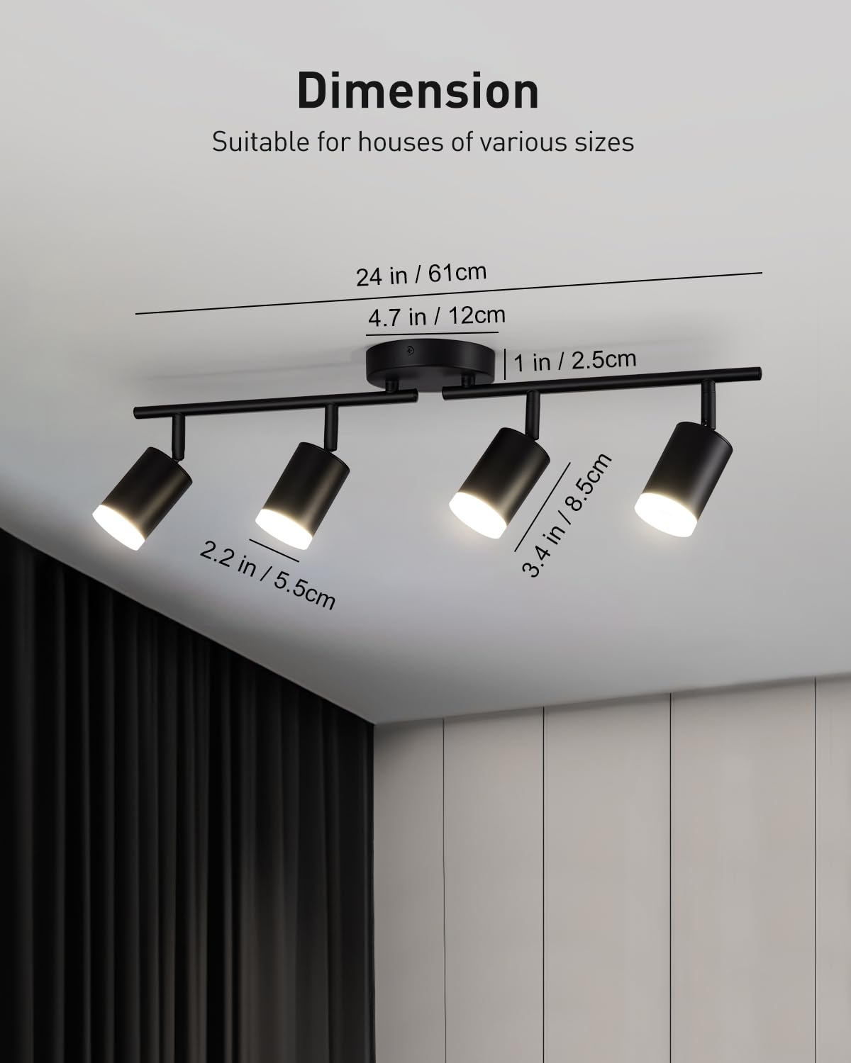 Flexible Led Track Lighting, 4-Light Black Track Lighting Fixtures Ceiling, Ceiling Spotlight with Foldable Light Arms for Kitchen, Closet, Bedroom(GU10 Socket, Bulbs Not Included) 
