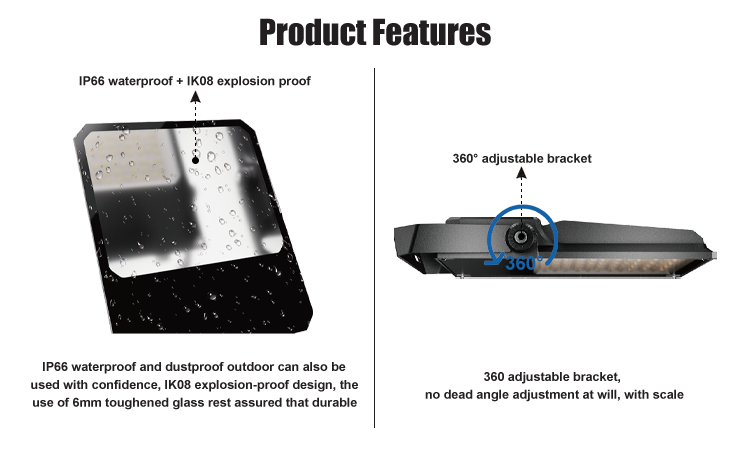 2. 6mm tempered glass, 360-degree adjustable bracket wholesale outdoor LED floodlight 50W 100W 150W 200W 250W 300W optional 3000K-4000K-5000K switchable IP66 waterproof and dustproof