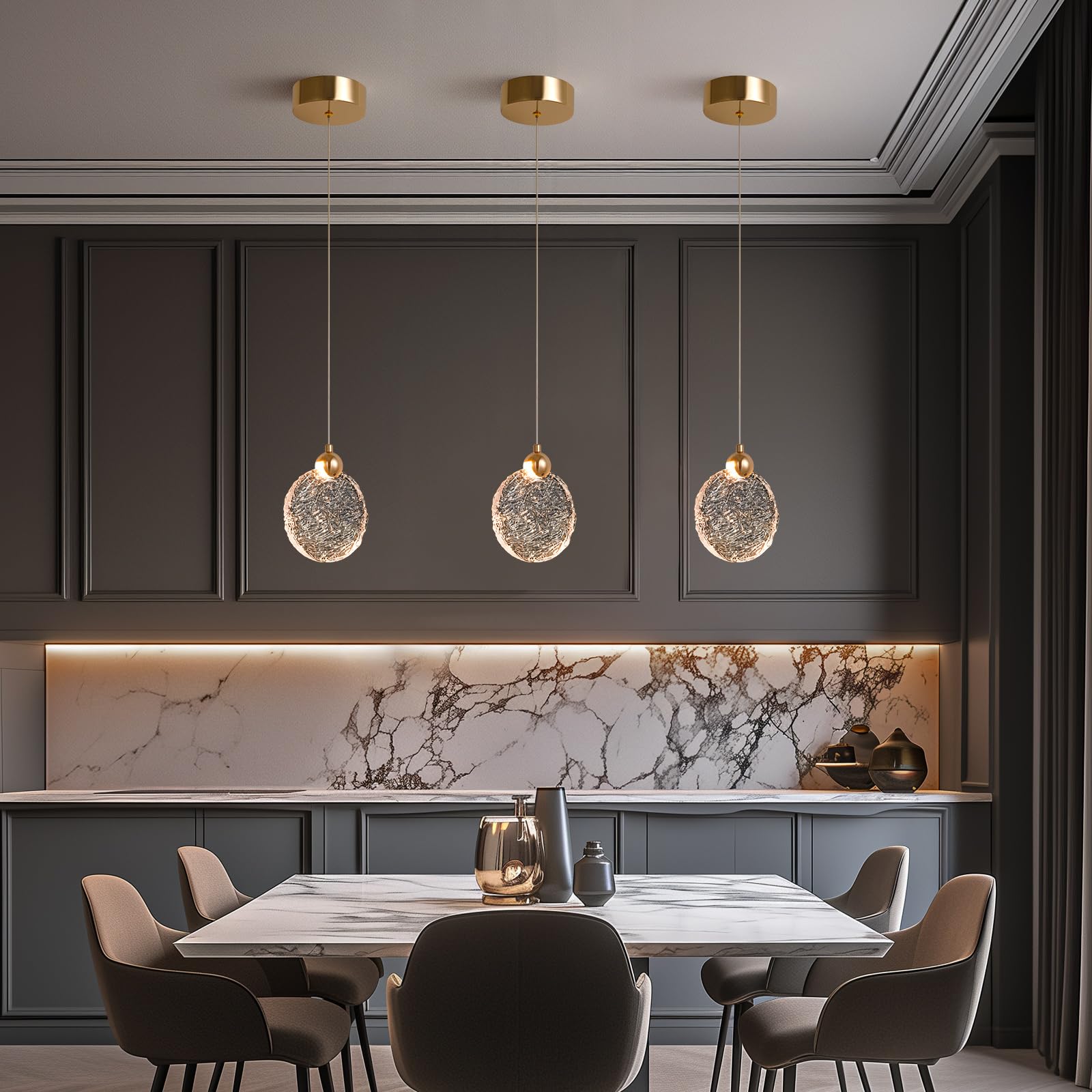 Crystal Pendant Lights for Kitchen Island, Gold Pendant Lights Kitchen Island with 3-Color Lights, Island Lights for Kitchen, Kitchen Island, Dining Room, Bedrooms 