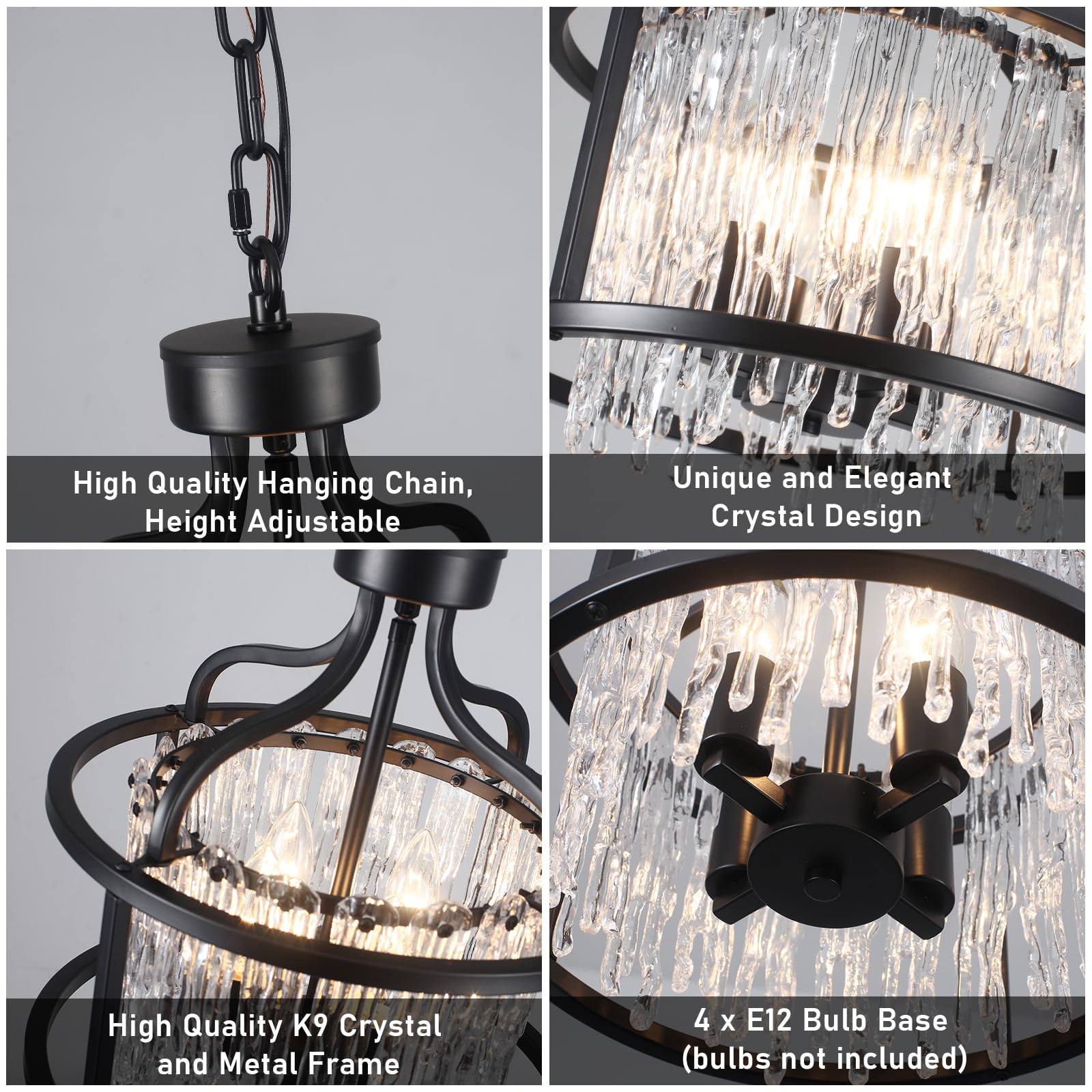 Crystal Chandelier 4Lights, Small Black and Crystal Pendant Light Fixture 12.59Inches, Modern Hanging Lighting Crystal Mini Chandeliers Gorgeous for Hallway Entryway Bedroom E12 