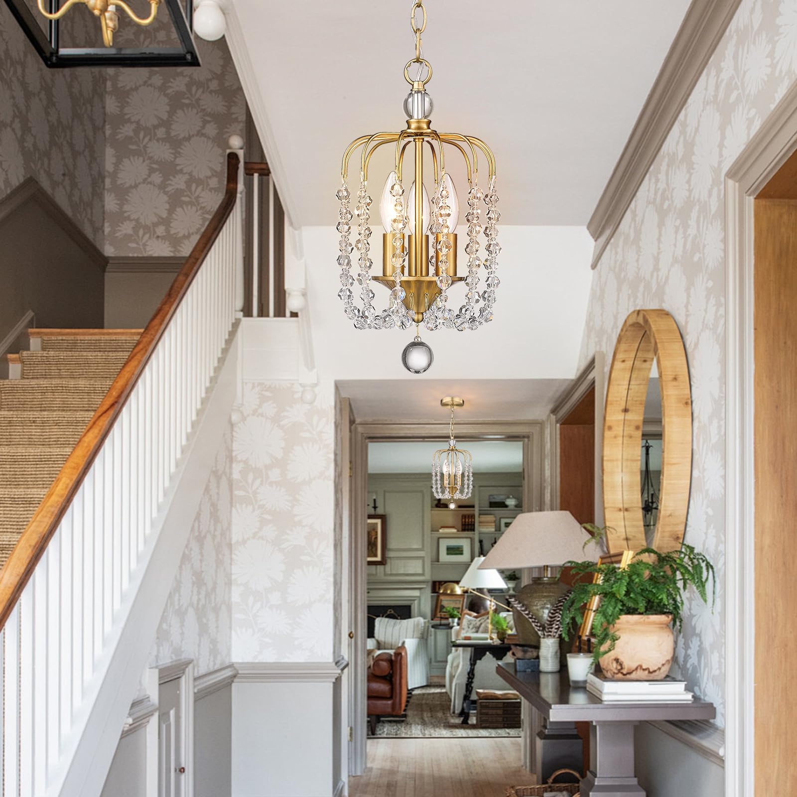 Small Gold Crystal Chandelier, 3-Light Modern Mini Crystal Pendant Light with 36'' Adjustable Chain, K9 Crystal Lighting Chandelier for Bedroom, Kitchen, Entryway