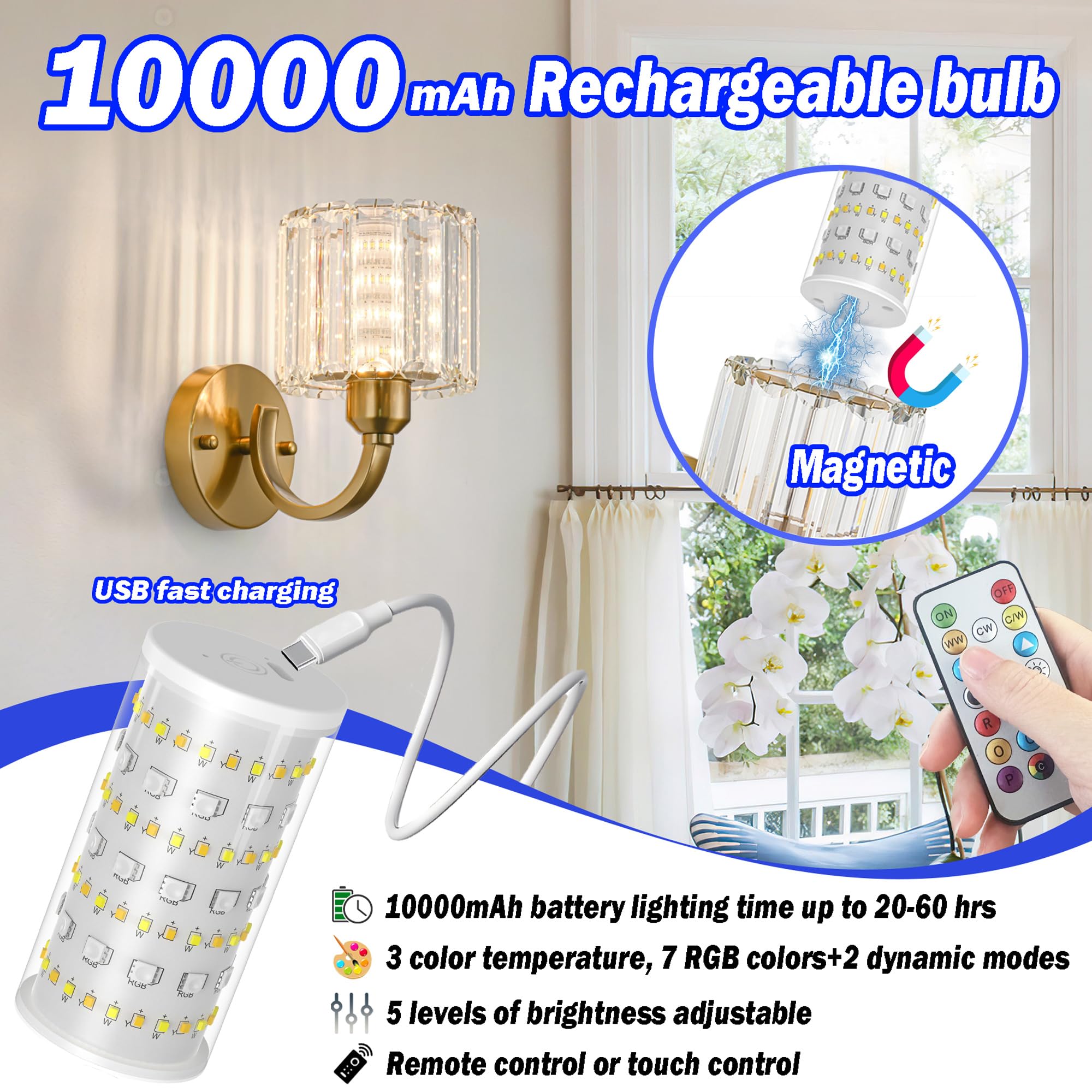 Wall Sconces Battery Operated Wall Lights Set Of Two, Wireless Rechargeable Wall Sconces With 10000mAh RGB Light Bulb, Crystal Wall Sconce With Remote Control For Bedroom