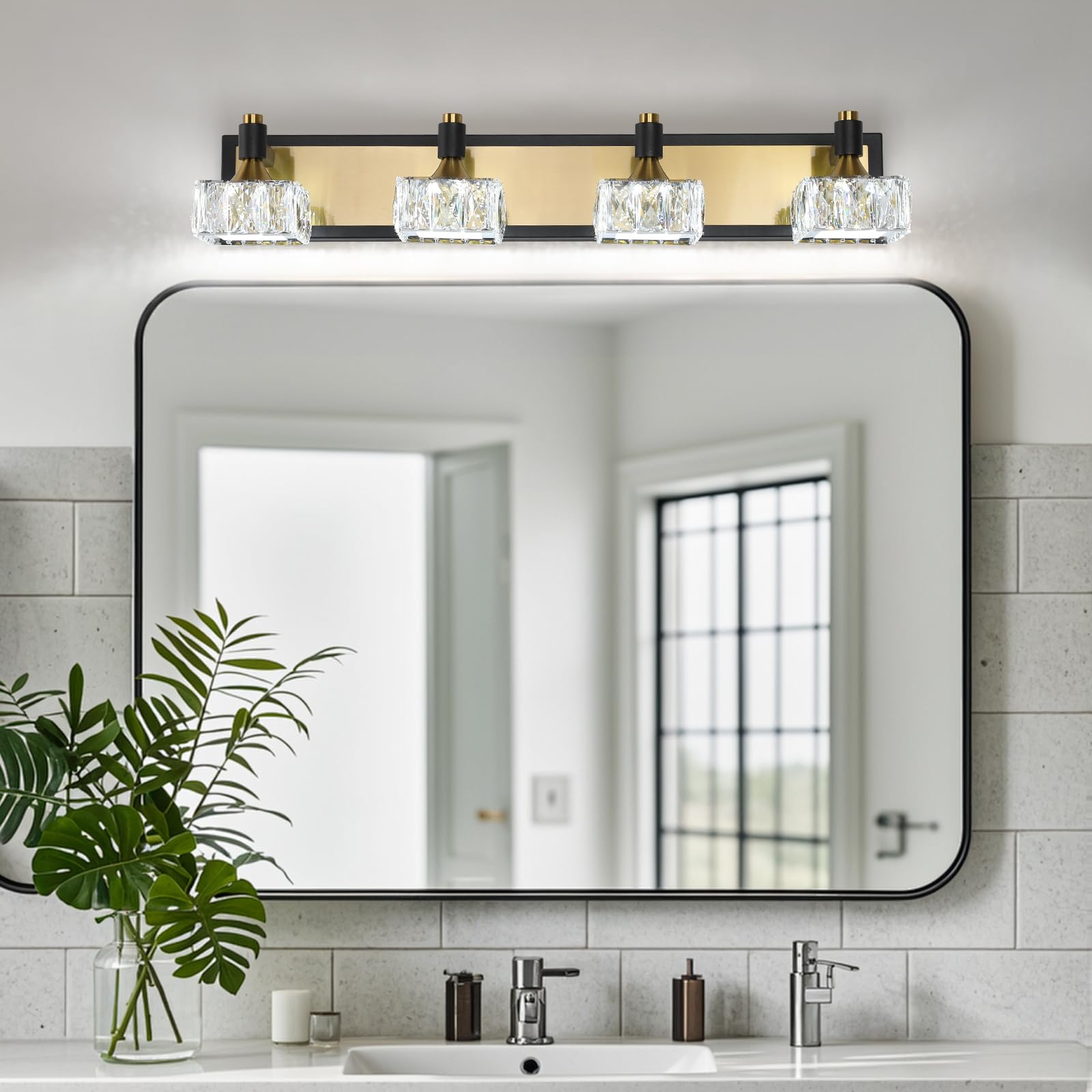 4 Light Bathroom Vanity Light, LED 24W Bathroom Lighting Fixtures Over Mirror, Gold Black Bathroom Light Fixture, Wall Sconce Light with Crystal Shade, Bathroom Wall Light Fixtures, Day Light 