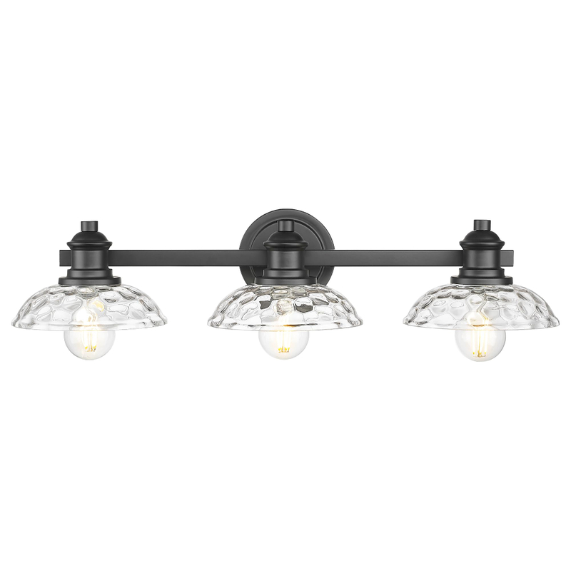 25 Inch Bathroom Light Fixtures Over Mirror, 3-Light Farmhouse Vanity Lights, Black Bathroom Lighting Fixtures with Clear Hammered Glass Shade for Bedroom, Living Room, Kitchen Sink