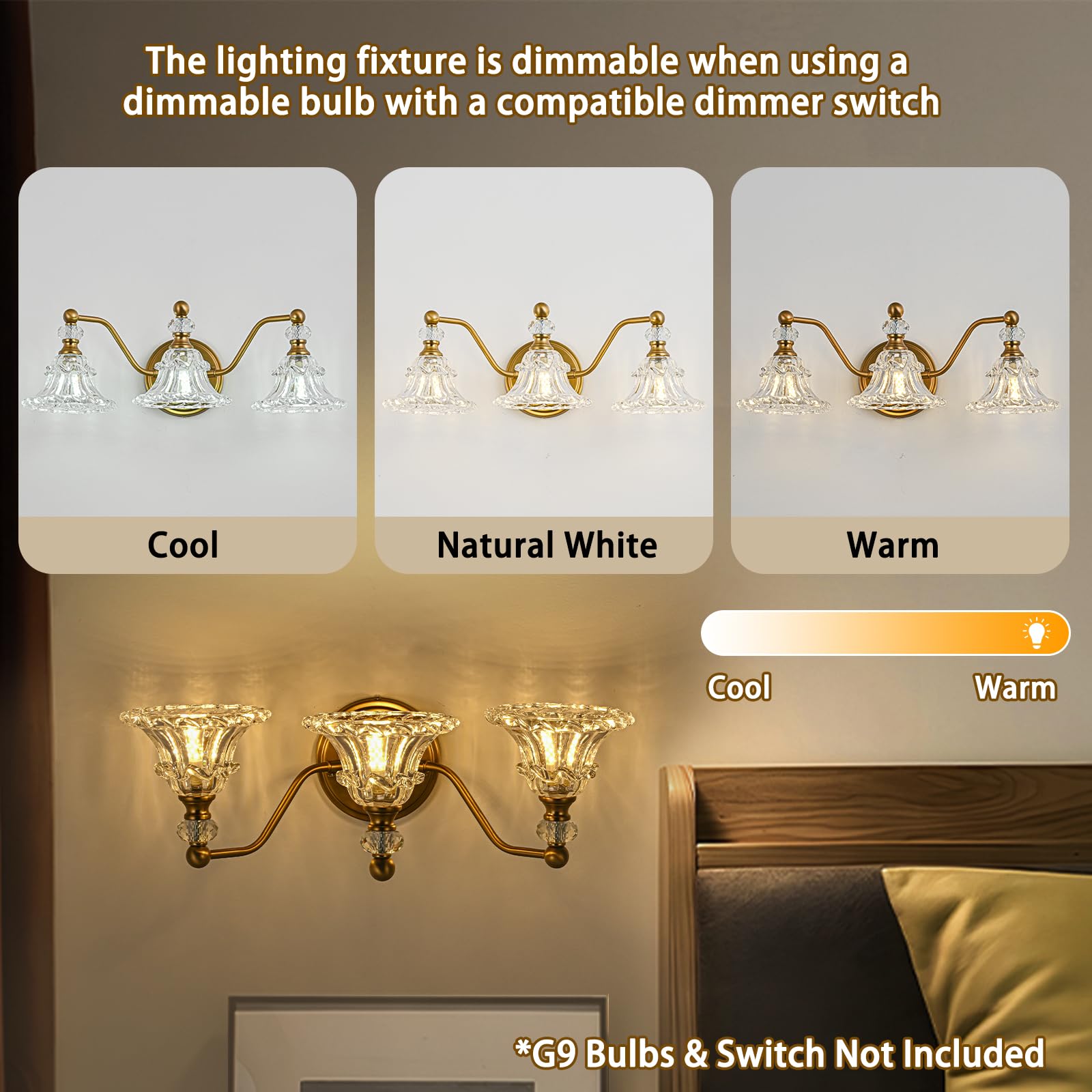 Vintage 3-Light Bathroom Vanity Light Fixture,Vintage Vanity Light with Crystal Glass Shade in Matte Antique Brass Finish,3-Light Retro Vanity Lighting for Bathroom