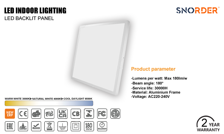 1. CE, ROHS product certification, LED backlight panel lamp made in China, voltage AC220-240V, beam angle 180 degrees, 28W 40W optional, 2800Lm400Lm optional, 2-year warranty