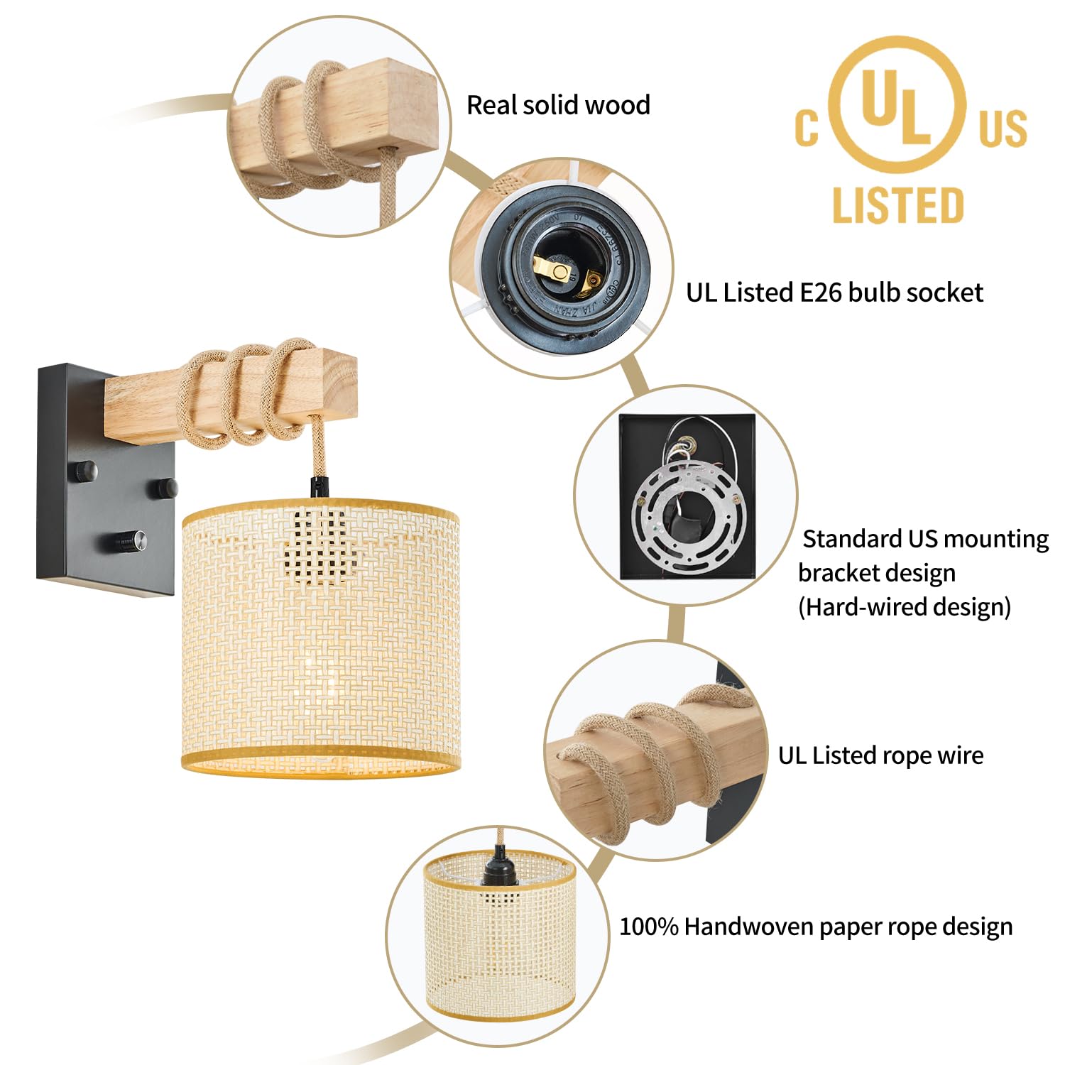 Rattan Boho Wall Sconces, Hardwired Hand-Woven Farmhouse Wall Lamps with Wooden Arm & On/Off Dimmable Switch,Rustic Indoor Wall Mount Light Fixtures for Bedroom Nursery Living Room Bathroom