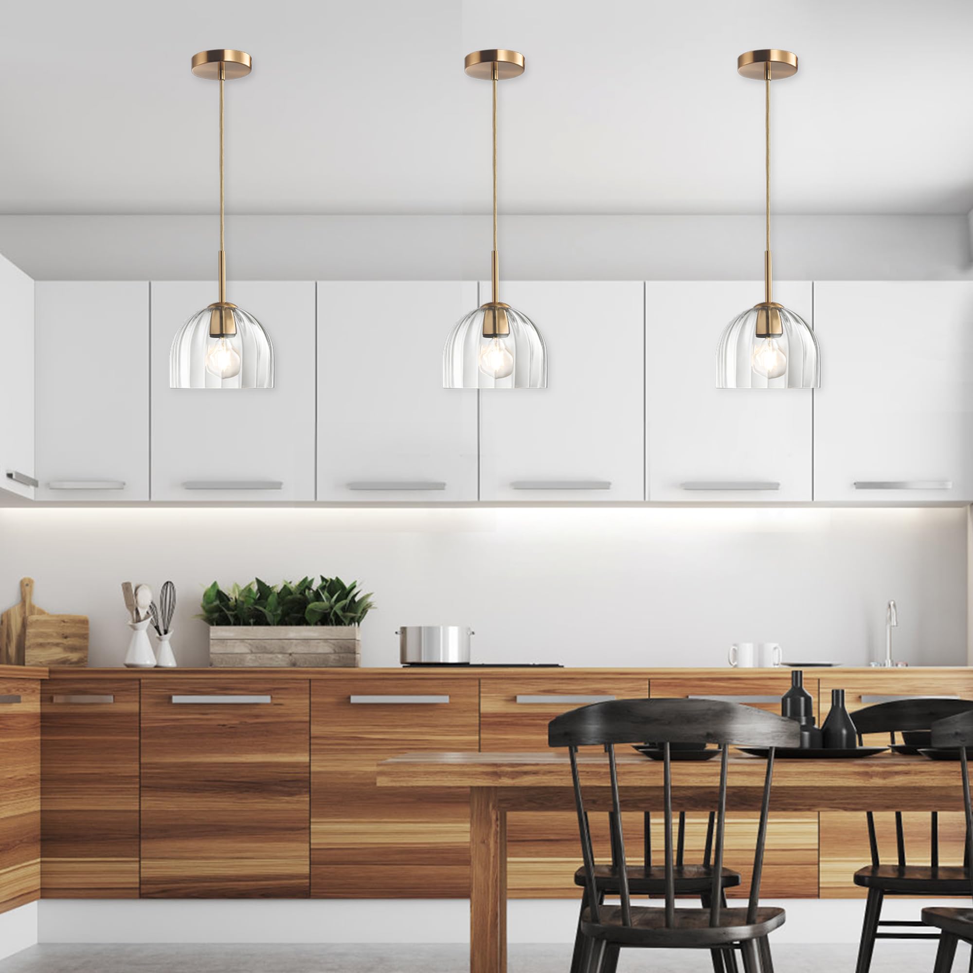 Modern Industrial Pendant Lights, Amber Glass Bell Shape Pendant Lights Kitchen Island with Matte Finished Metal Pendant Light Fixtures 