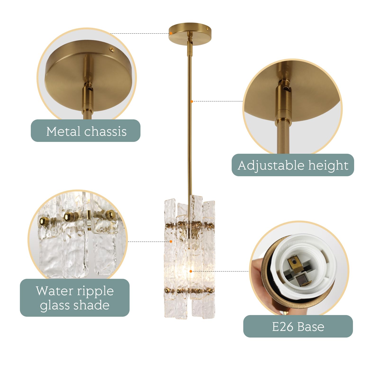 Modern Crystal Pendant Light for Kitchen Island, Gold Luxury Mini Water Ripple Glass Chandelier Lights Fixture, Modern square Adjustable Hanging Pendant Lighting for Dining Room Bedroom