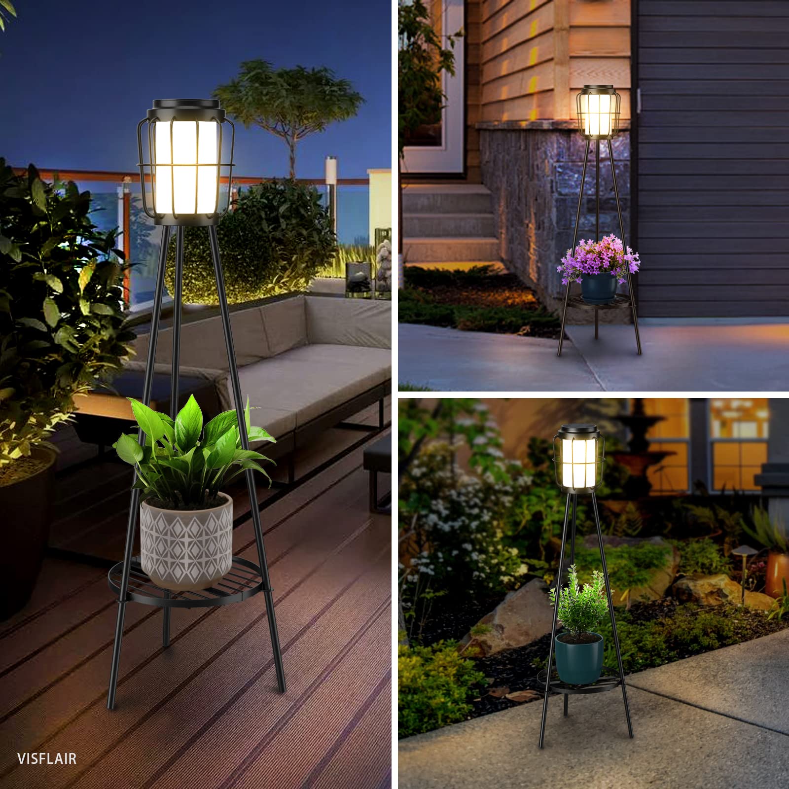 Solar Lights with Plant Stand, Solar Floor Lamps, Waterproof Solar Powered Outdoor Lights Flower Shelf for Patio Porch Deck Yard Garden Decor 