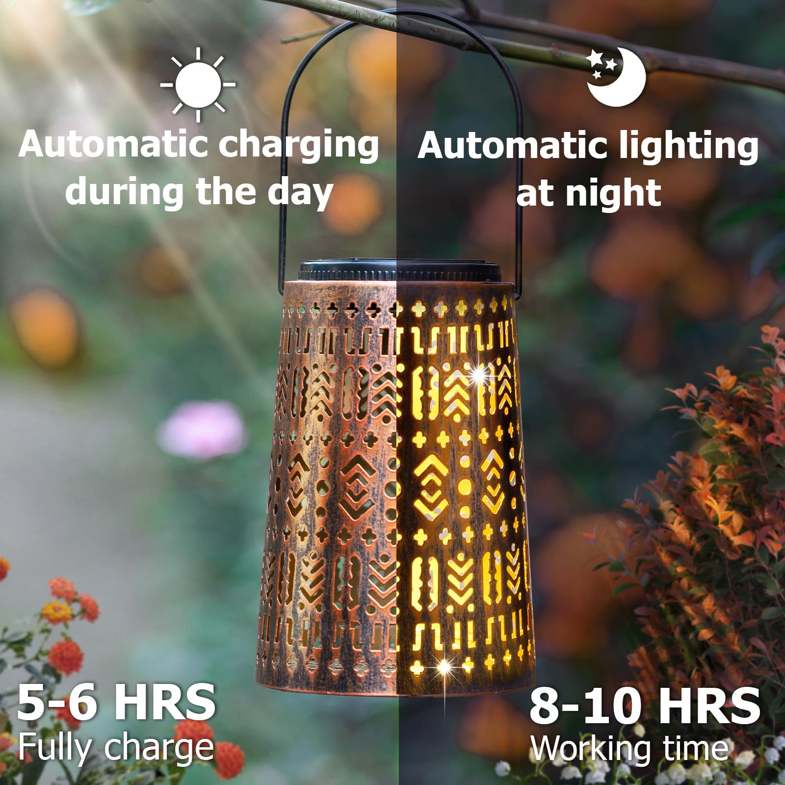 Solar Lanterns Outdoor Waterproof, Hanging Solar Lights for Outside, Moroccan Garden Decor, Christmas Gifts for Women Mom Grandma, Metal LED Lantern for Yard, Patio, Backyard, Porch 
