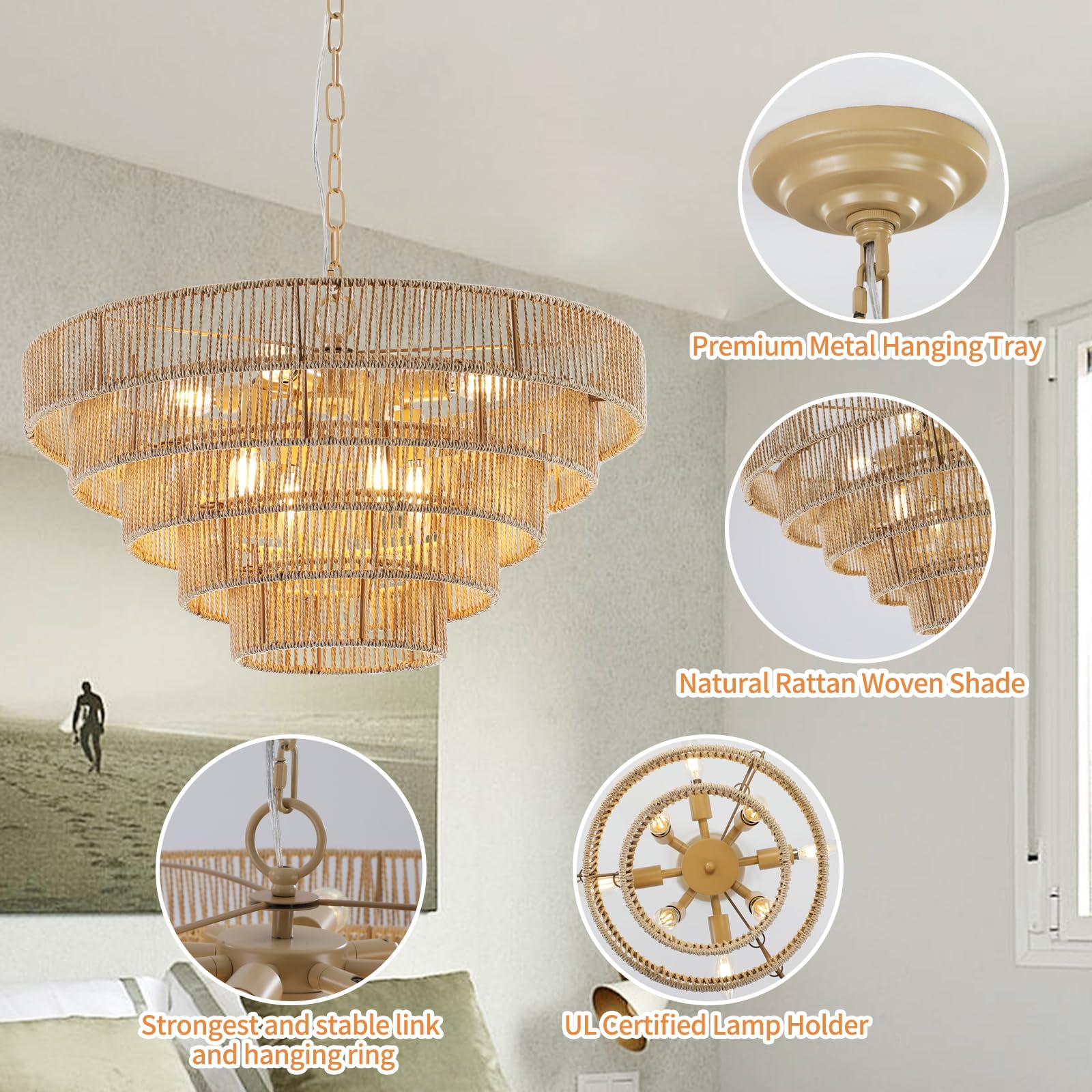 Rattan Pendant Light Boho Large Pendant Light,Wicker Coastal Chandelier for Kitchen Island,Living Room,Dining Room Light Fixtures Over Table E12 Base,Chain Adjustable 